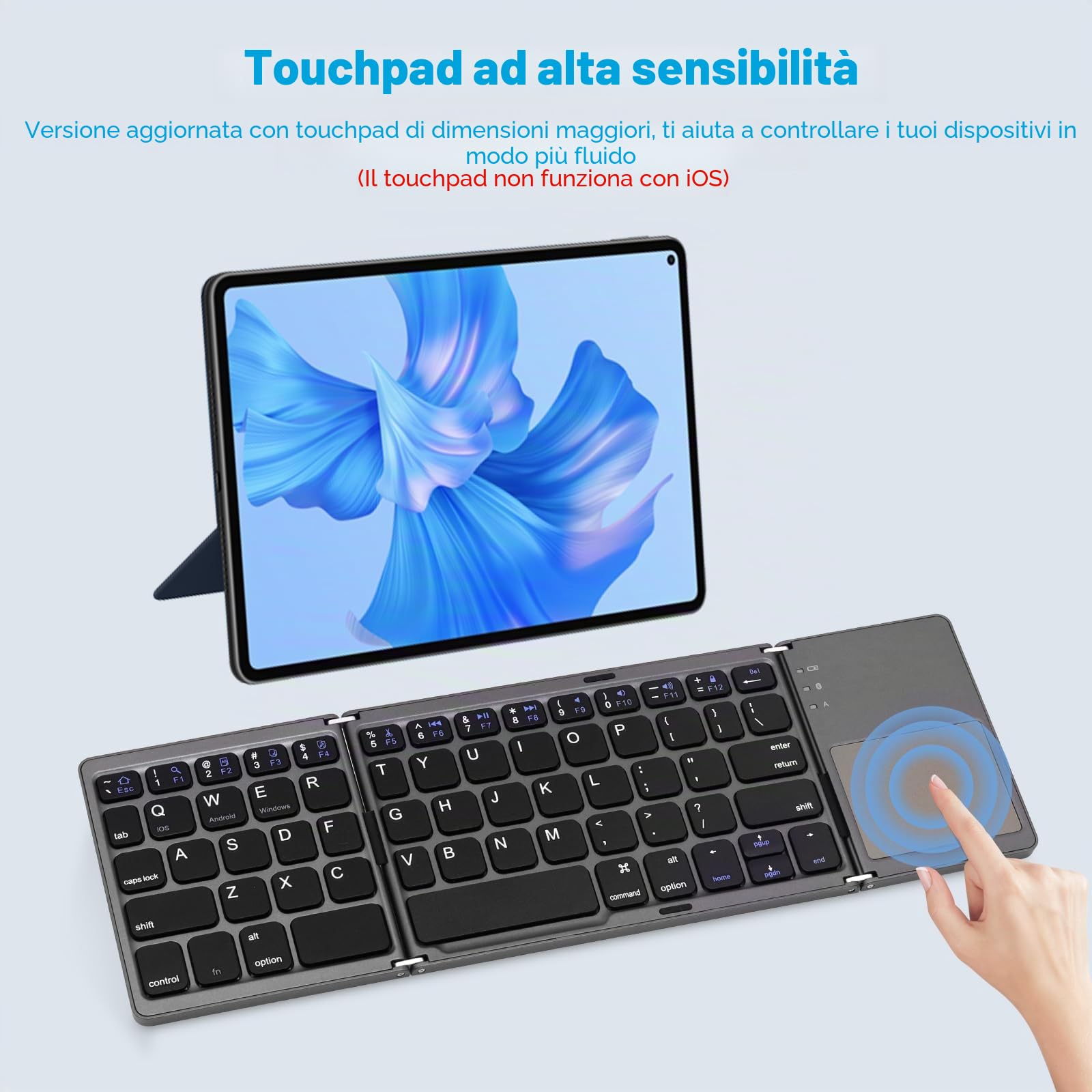 AURTEC tastiera pieghevole Bluetooth senza fili portatile con touchpad e batteria per PC, Tablet, Android, Smartphone, Grigio scuro (International keyboard layout)
