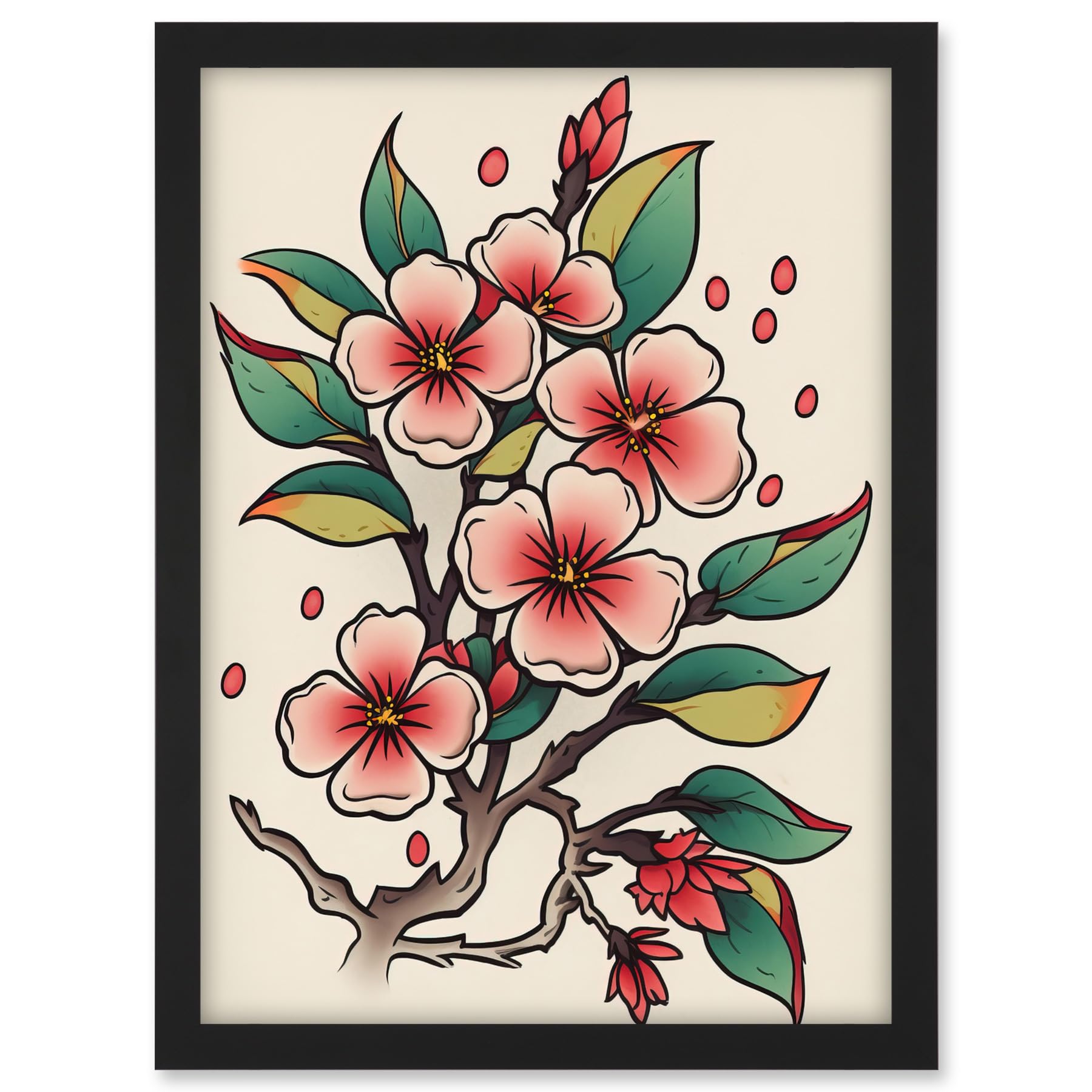 Artery8 Cherry Blossom Branch Flowers Tattoo Ink Body Art Rockabilly Americana 50s Artwork Framed A3 Wall Art Print