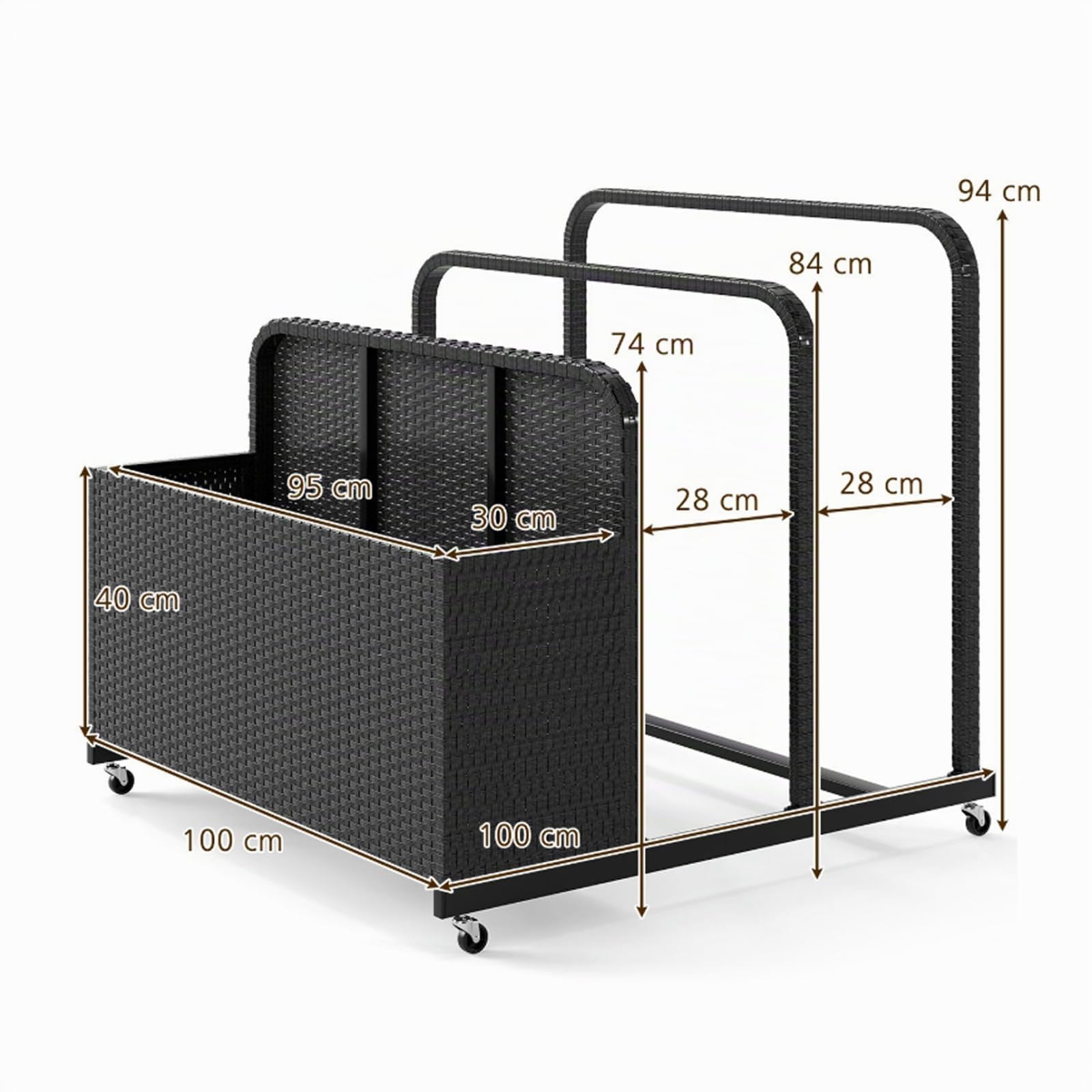 GIANTEX Étagère de Piscine avec 2 Porte-Serviettes et Coffre de Rangement en Osier, 4 Roulettes pour Déplacement Facile, Coffre Piscine Exterieur pour Bouées, Matelas Gonflables, Coussins (Noir)