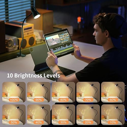 Miniatura 3 de LUJOLUMIN - Lámpara de escritorio con clip, luz de lectura USB, luz de abrazadera LED flexible para el cuello con 3 opciones de temperatura de