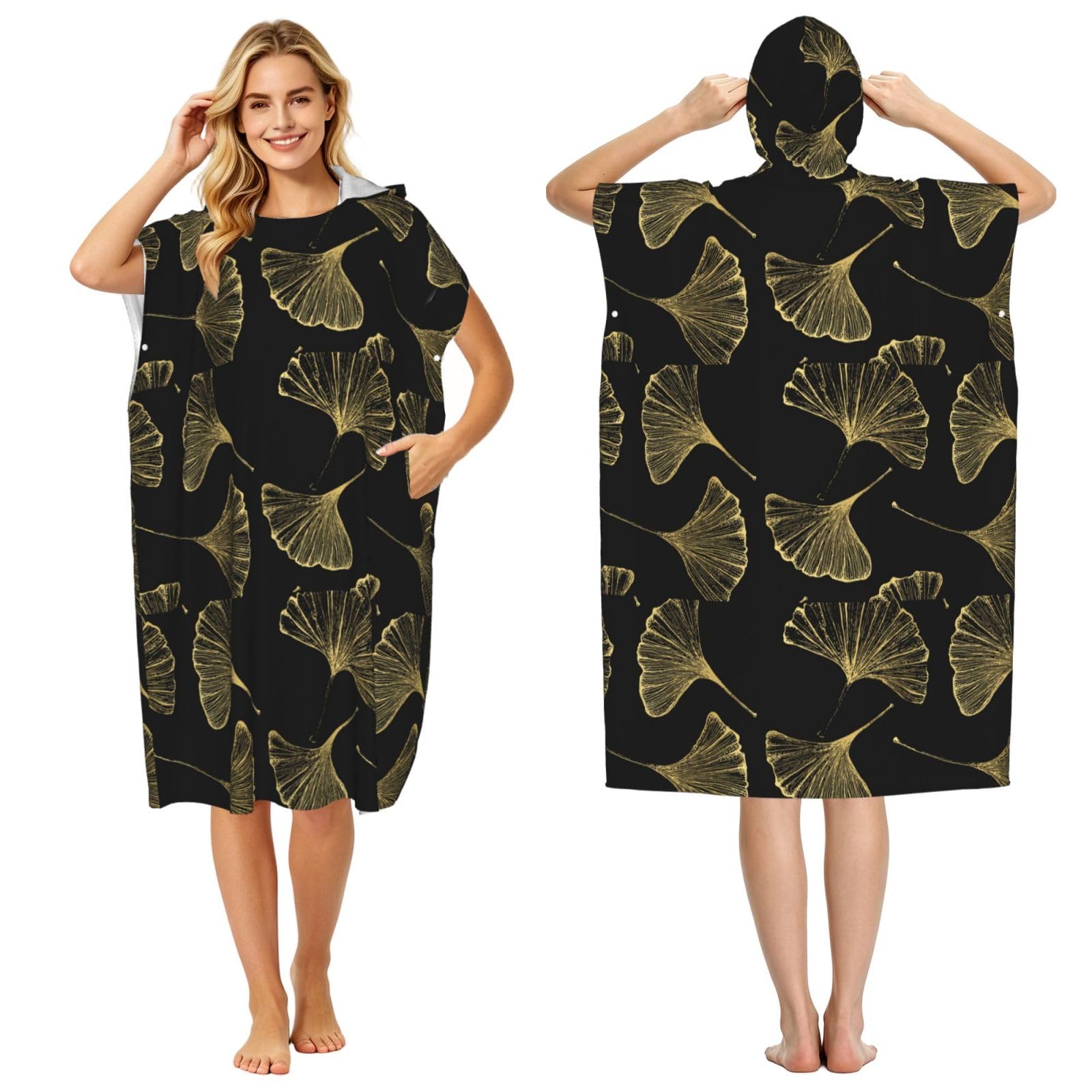 Poadnly Ginkgo Biloba Plant, Adult Hooded Beach Towel 90 x 110 cm,Changing Bath Robe, Surf Poncho Towel For Women Men