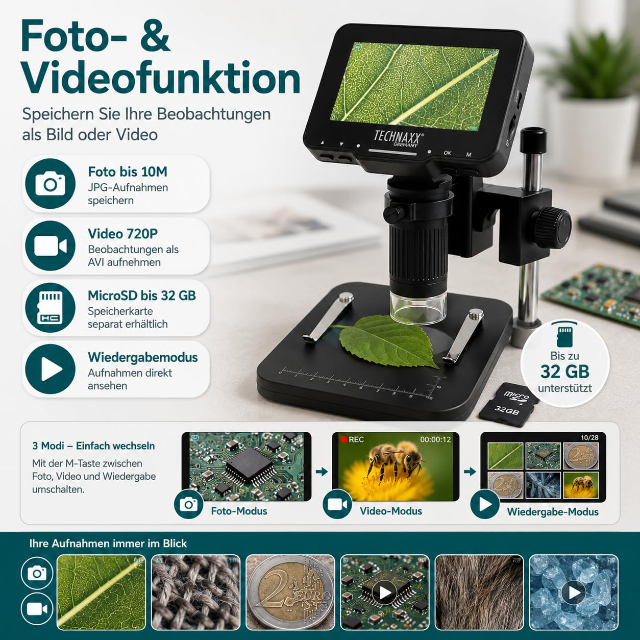 Technaxx Mikroskop Digital mit 50x Vergrößerung, 4,3 Zoll IPS Display, 8 LED Beleuchtung, Foto&Video Aufnahme, USB PC Verbindung, Tragbares Digitalmikroskop für Münzen, Elektronik & Pflanzen – TX-277