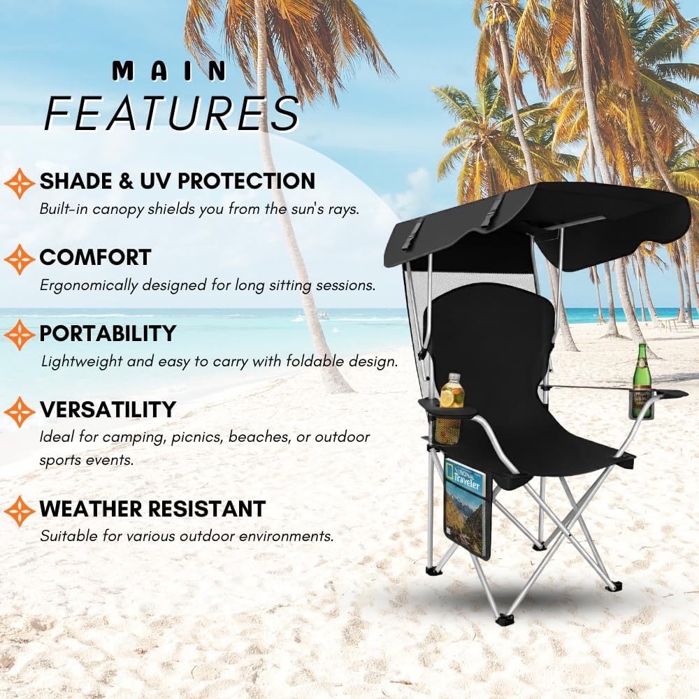 Portable Folding Camping Chairs with Canopy Shade, Beach Chair for Adults, Durable Weather Resistant 600D Oxford Cloth, Camping Chair with Canopy for Outdoors [Black]