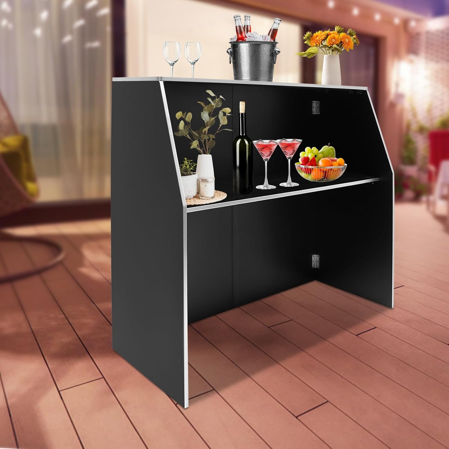 Folding Portable Event Bar with Top and Middle Shelves, Mobile Laminate Foldable Bar for Parties and Events - Bars Table for Easy Setup