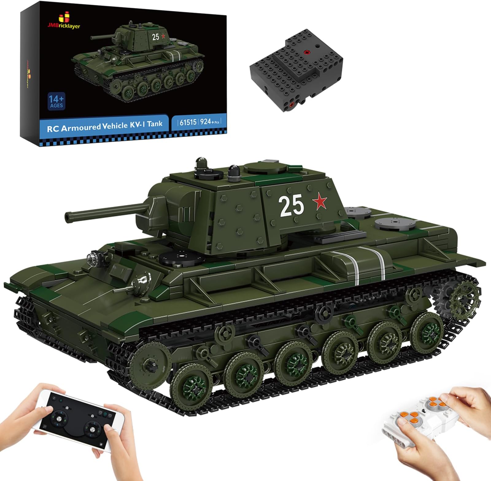 JMBricklayer Technik Military Tank Building Blocks, 61515 WW2 KV-1 Tank Clamping Blocks, Remote Controlled Tank Toy for Adults and Boys
