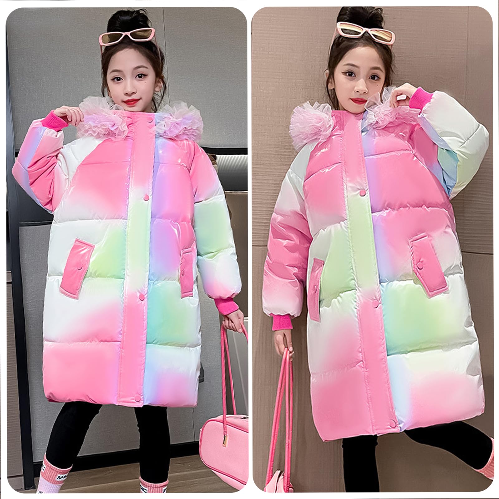 Giacca Trapuntata Bambina Piumino con Cappuccio di Media Lunghezza Cappotto Ragazza di Cotone Spessa per Inverno