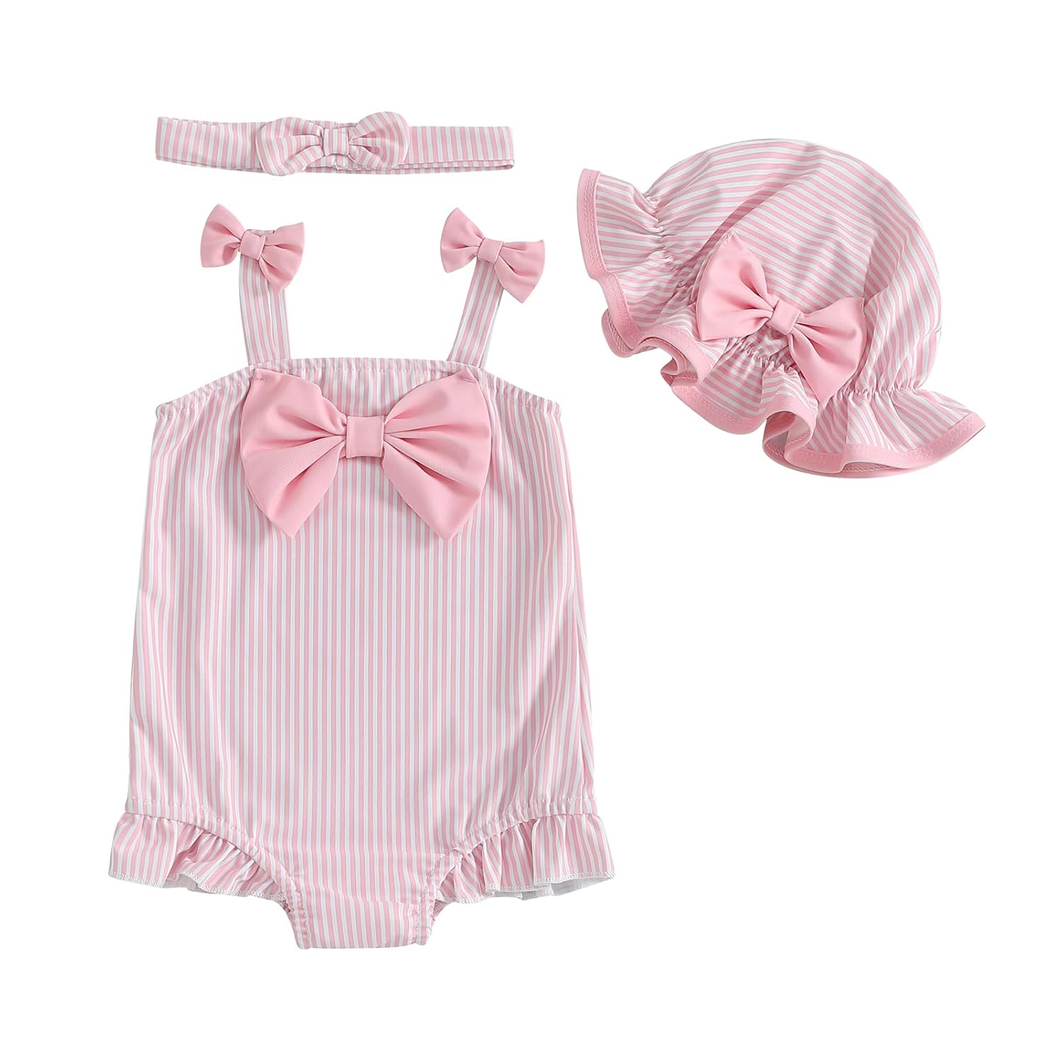 Biquíni infantil listrado sem mangas, peça única, com babados, maiô com chapéu