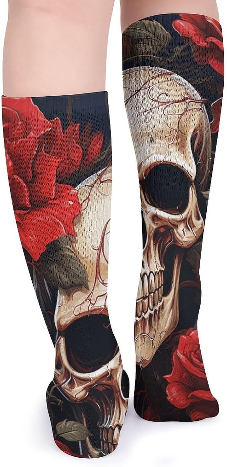 5-Pack Knee High Socks, 15.7 Inch Breathable Casual Socks Skull Rose-Red Stockings for Men Women