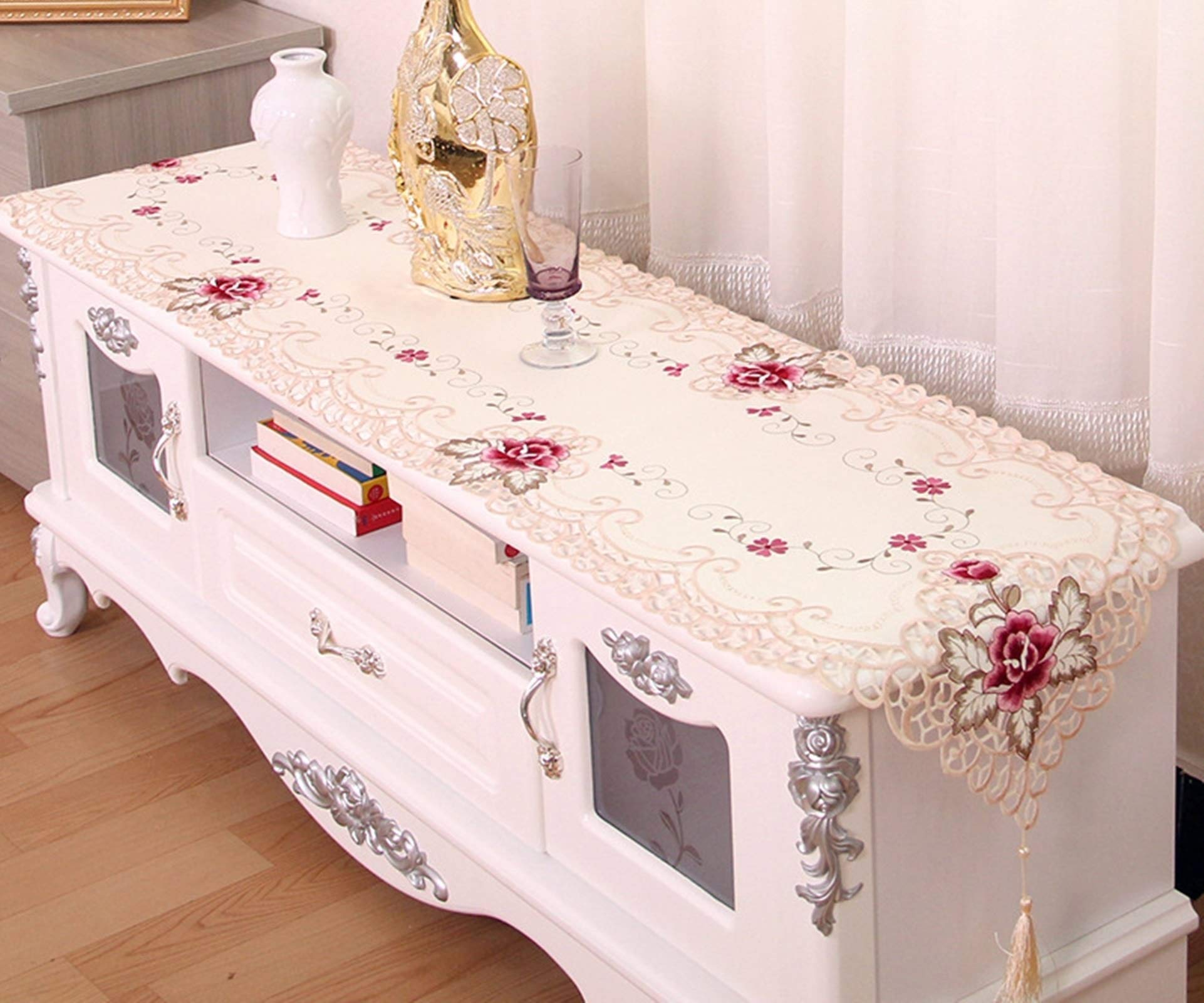 Hochzeitsdeko Tisch Blumen, Tischdeko Modern 40X230cm Polyester Beige Rosa Stickerei Blume Geburtstag Tischdeko