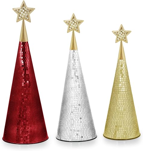 Miniatura 5 de Juego de 3 árboles de Navidad de cristal rojo, verde y plateado, 17, 15, 13 pulgadas, pequeño árbol de Navidad hecho a mano, decoración de discoteca