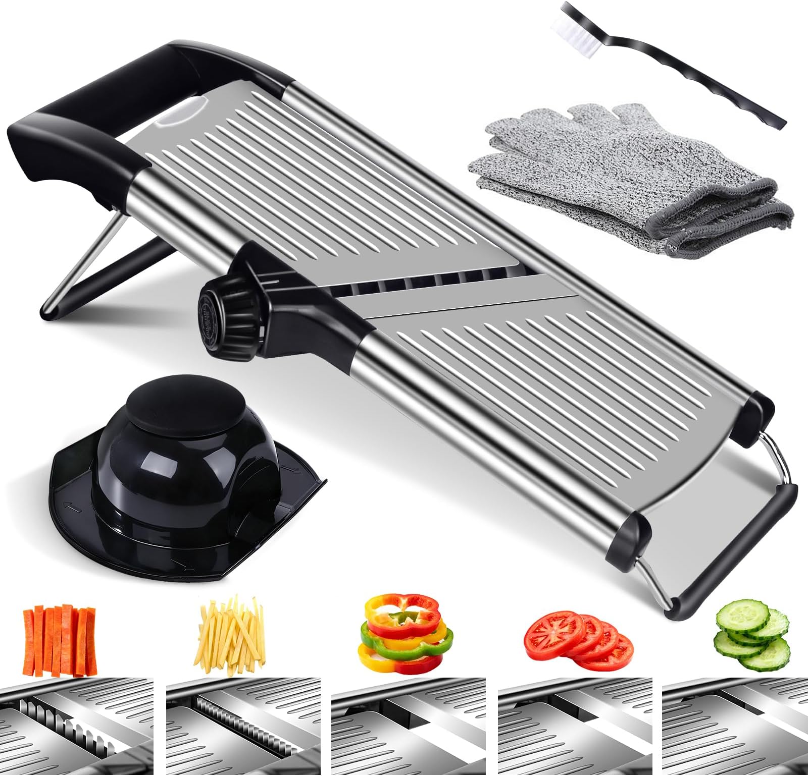 Masthome Mandoline Slicer for Kitchen, Adjustable Mandoline Vegetable Slicer with Stainless Steel Blade, Kitchen Food Julienne Cutter with Cleaning Brush, Cut Resistant Gloves