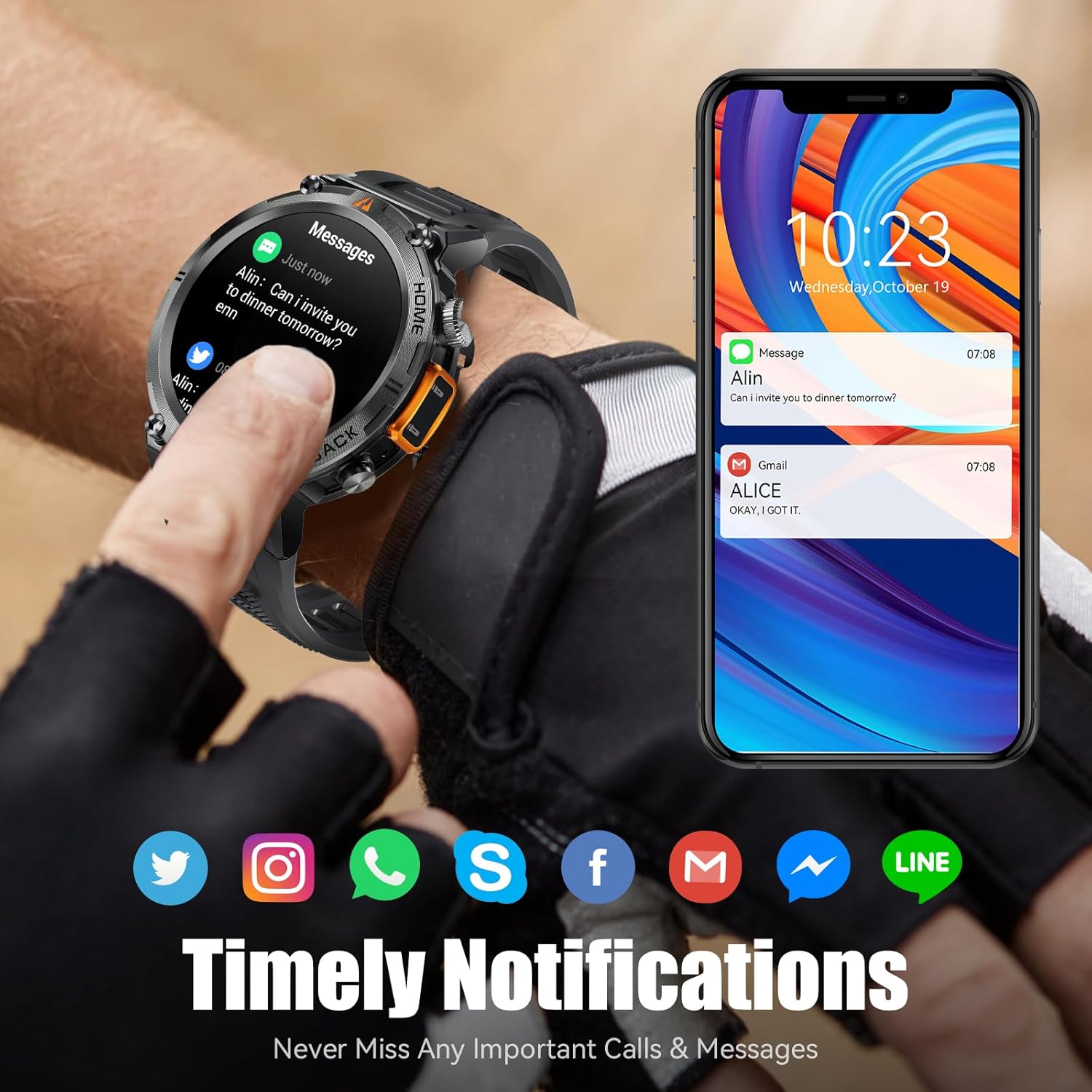 EIGIIS KE3 Smart Watch displaying timely notifications from various apps alongside a smartphone