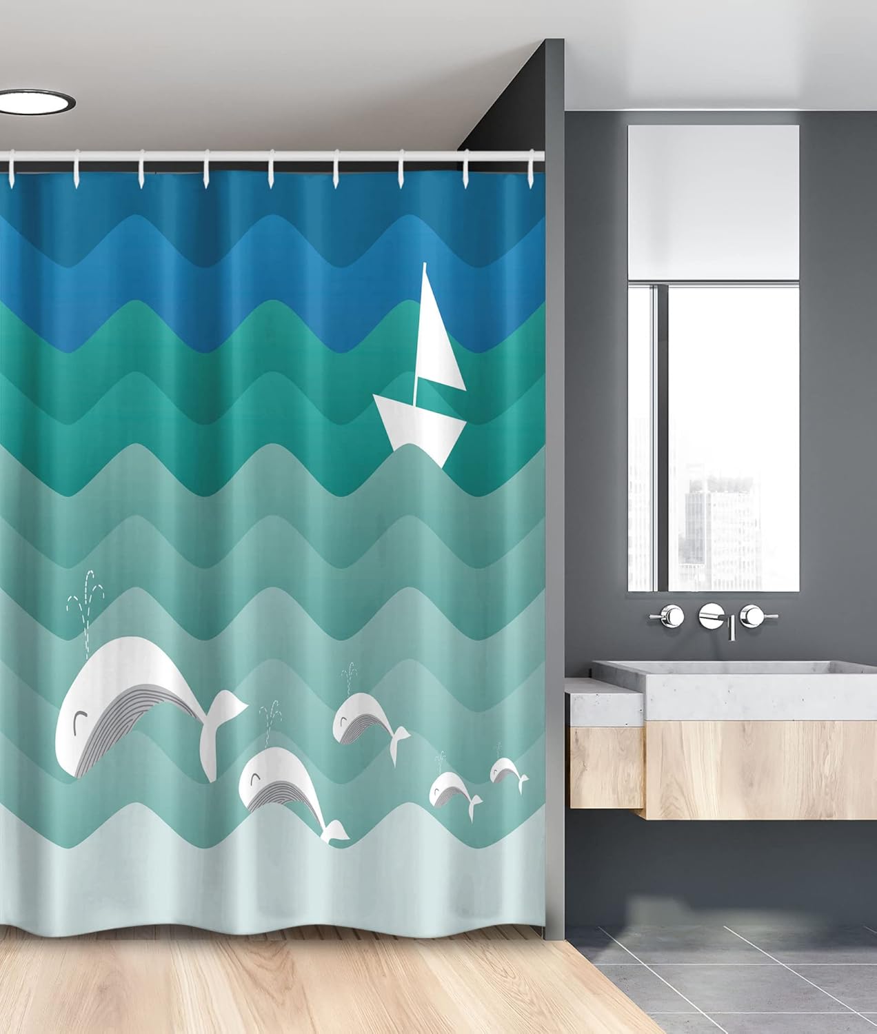 Ambesonne Nautical Stall Shower Curtain, Theme Paper Boat Sea Happy Dolphins Underwater Animals Ocean, Fabric Bathroom Decor Set with Hooks, 54" W x 78" L, Teal Blue