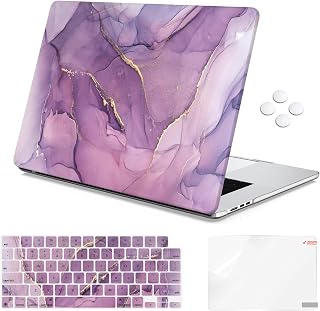 Compatible with MacBook Air 15 inch Case 2023 Release M2 Chip Model A2941, Hard Shell Case with Screen Protector & TPU Keyboard Cover, Marble Purple