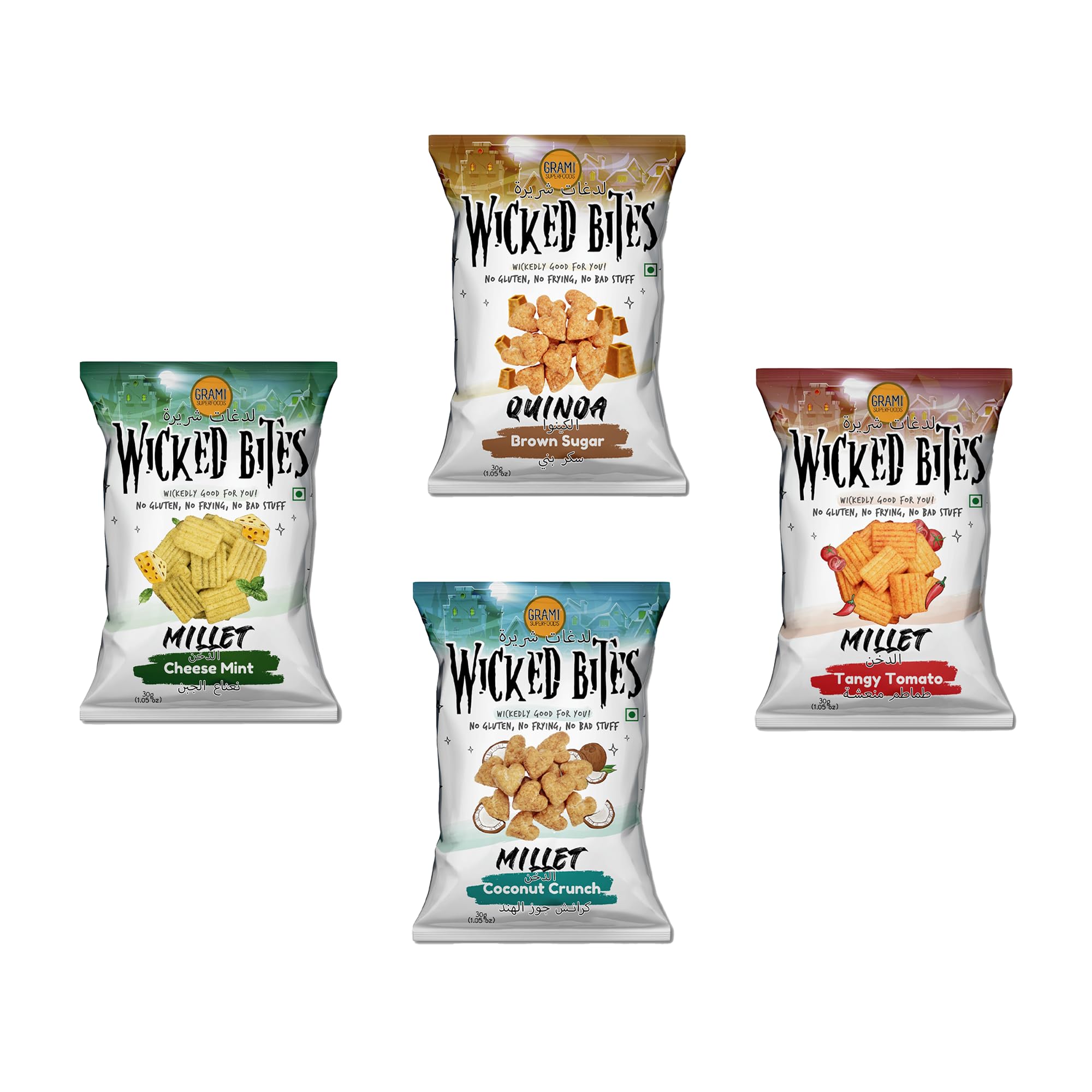 Grami Millet Wicked Bites | Nutritious and Gluten-Free Snack | On-the-Go Energy and Healthy Cravings | Vegan and Low-Calorie Snack | Pack of Tangy Tomato, Coconut Crunch, Cheesy Mint and Brown Sugar