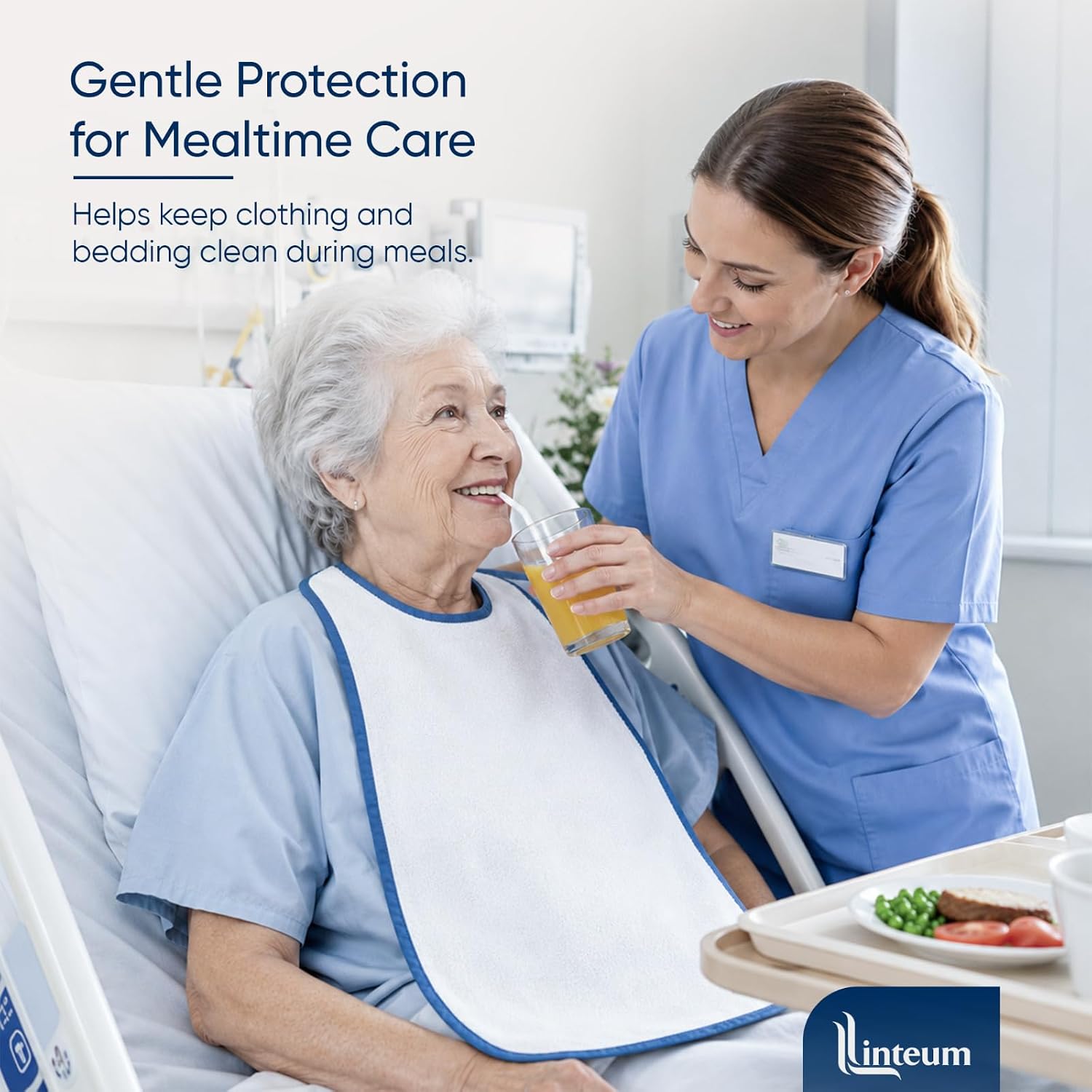 Linteum Textile Supply Adult Bibs 12-Pack – Soft Terry Cloth 15x34 in, White with Blue Piping – Clothing Protectors with Closure for Seniors, Nursing Homes & Care Facilities.