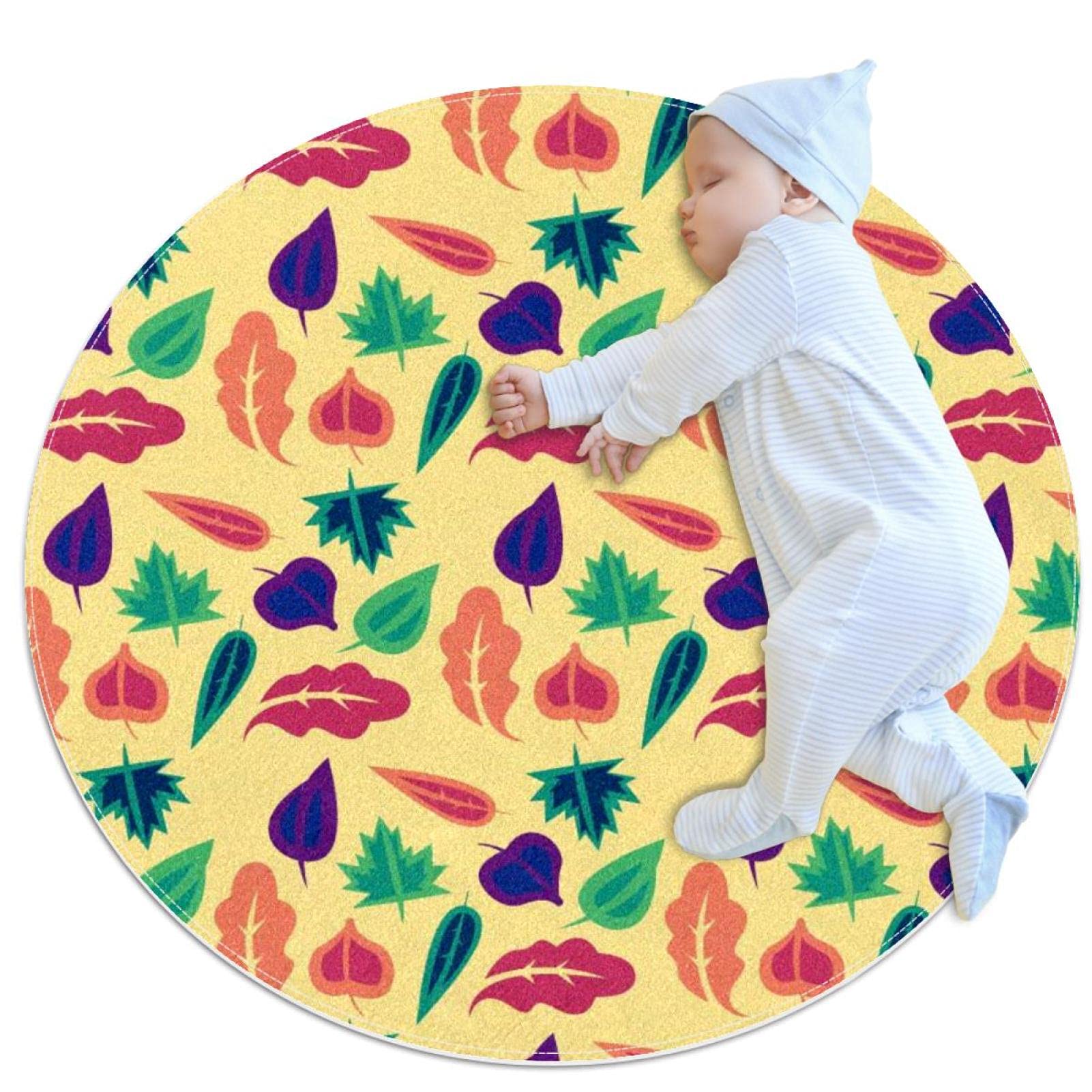 Tapis de salle de bain rond motif feuilles tropicales jaunes pour chambre