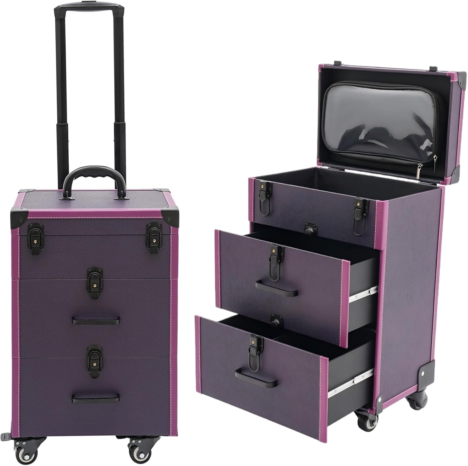 Makeup Train Case Jewelry Travel Cosmetic Case w 4 Wheels Heavy Duty 88lbs Capacity with 4 Locking Latches 3 Tier for Makeup Artists and Hairstylists Purple