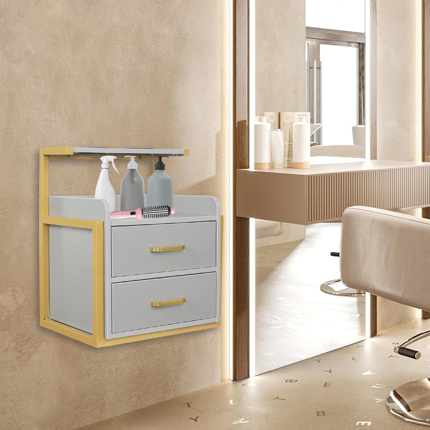 Salon Wall Cabinet with 2 Drawers & Hair Dryer Holder,Storage Cabinet for Hair Salon, 50kg/110.23lbs Load Capacity, Space-Saving Design for Spas, Barber Shops, Salons and Locker Rooms (Gold+ Gray)