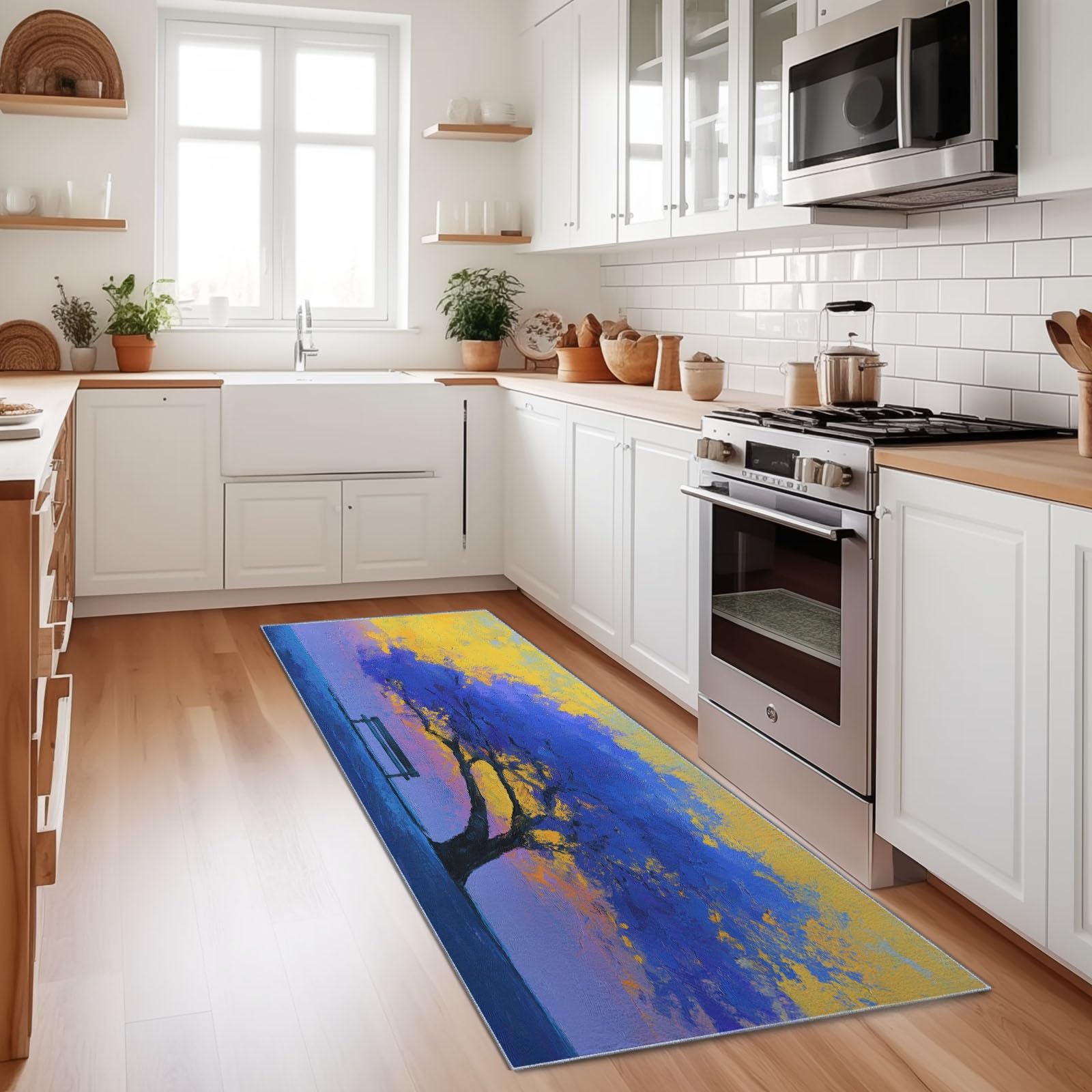 Bieżnik dywanowy 60 x 240 cm – miękki dywan z krótkim włosiem, abstrakcyjny obraz olejny, niebieskie drzewo, bieżnik do korytarza, sypialni, pokoju dziecięcego, salonu, kuchni, bieżnik dekoracyjny