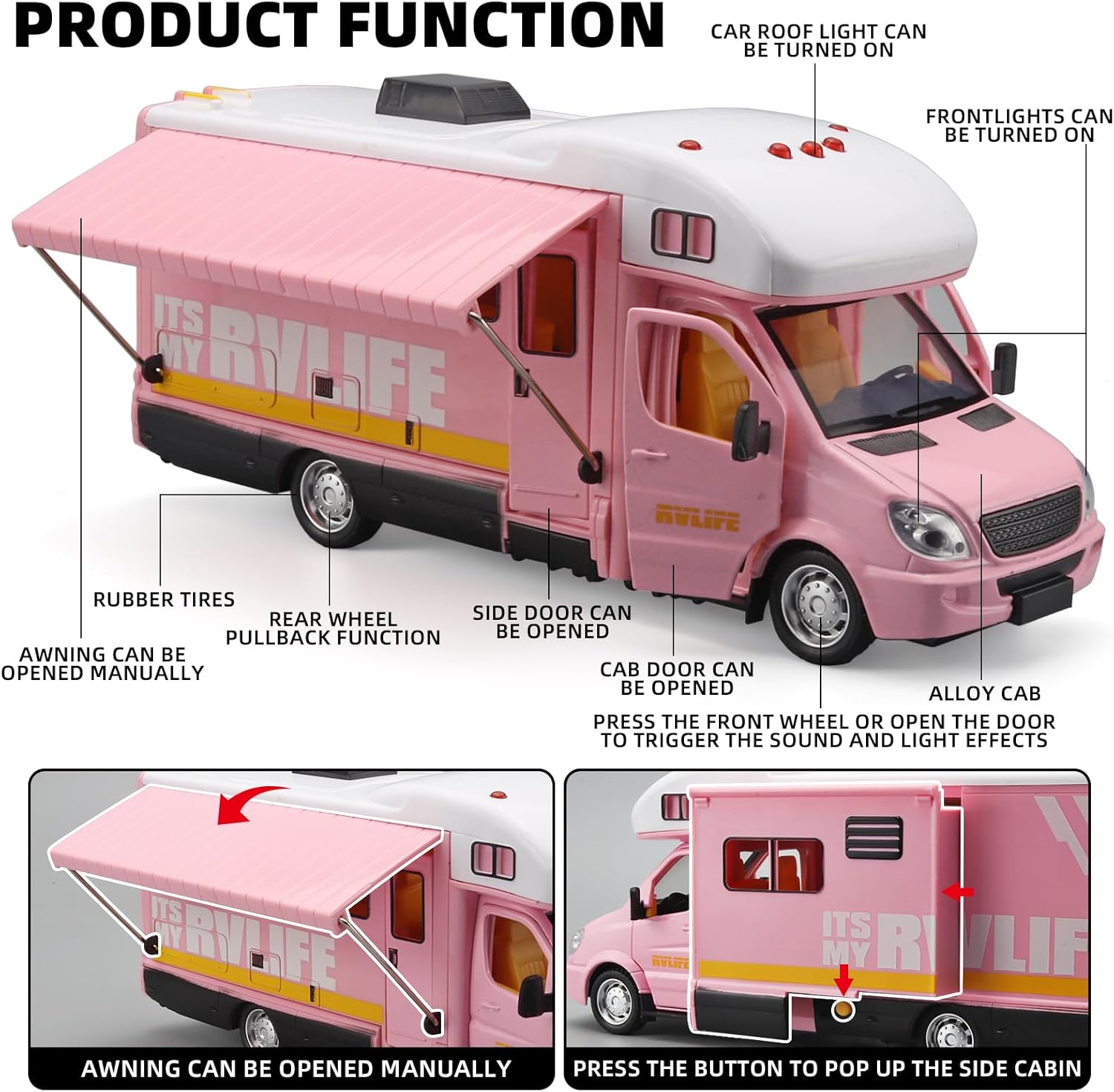 Toy Campers Van for Kid, Pull Back RV Toys with Light and Sound, Die Cast Metal Model Toy Car for 3 4 5 6 7 8 9 Year Old, Gift for Kids Girls and Boys, Trucks for Kid -Pink Ages 4-8