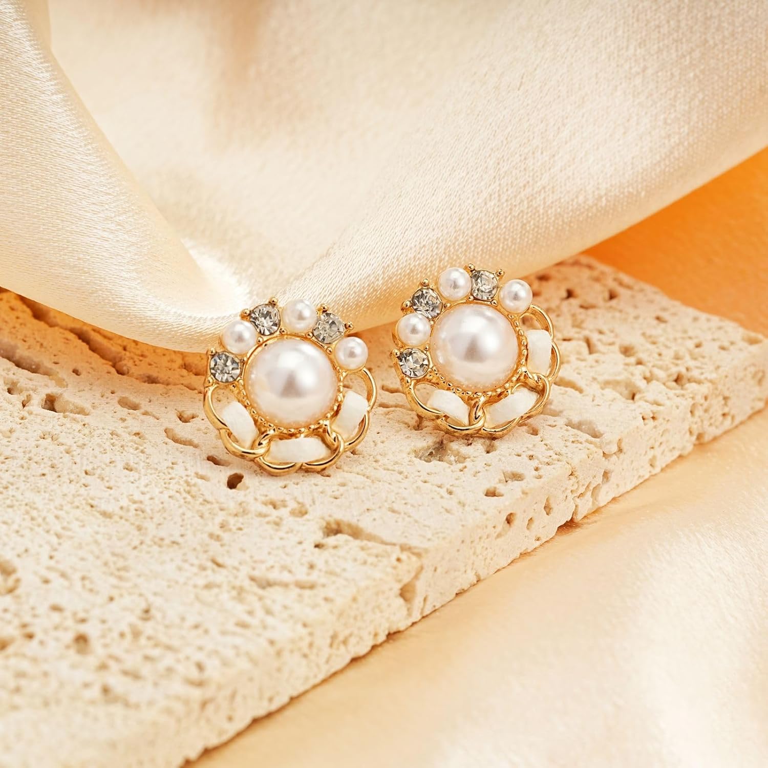 Gold Plated Flower & Pearl Earrings, Trendy Floral with Cubic Zirconia Statement Studs Earrings Hypoallergenic Jewelry Gifts for Wedding Engagement - Image 3