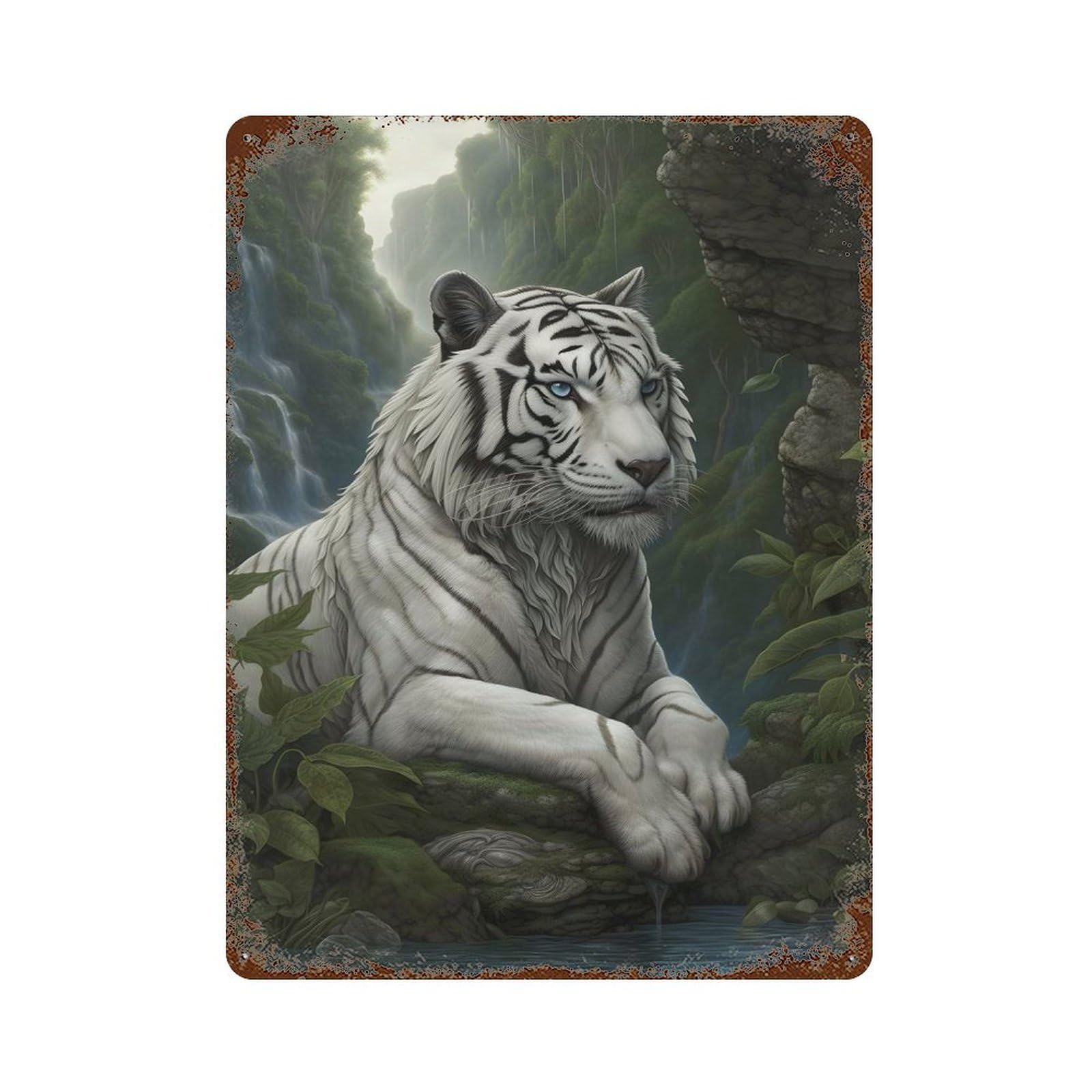 Majestic White Tiger Rusty Metal Tin Sign 15.7"x11.8", Rustic Home Decor for Living Room, Hallway And Home Decor