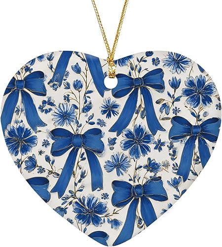 Miniatura 17 de Adorno de lazo azul coquette, adornos de corazón de lazo a rayas azules para decoraciones de fiesta de árbol de Navidad, adornos colgantes