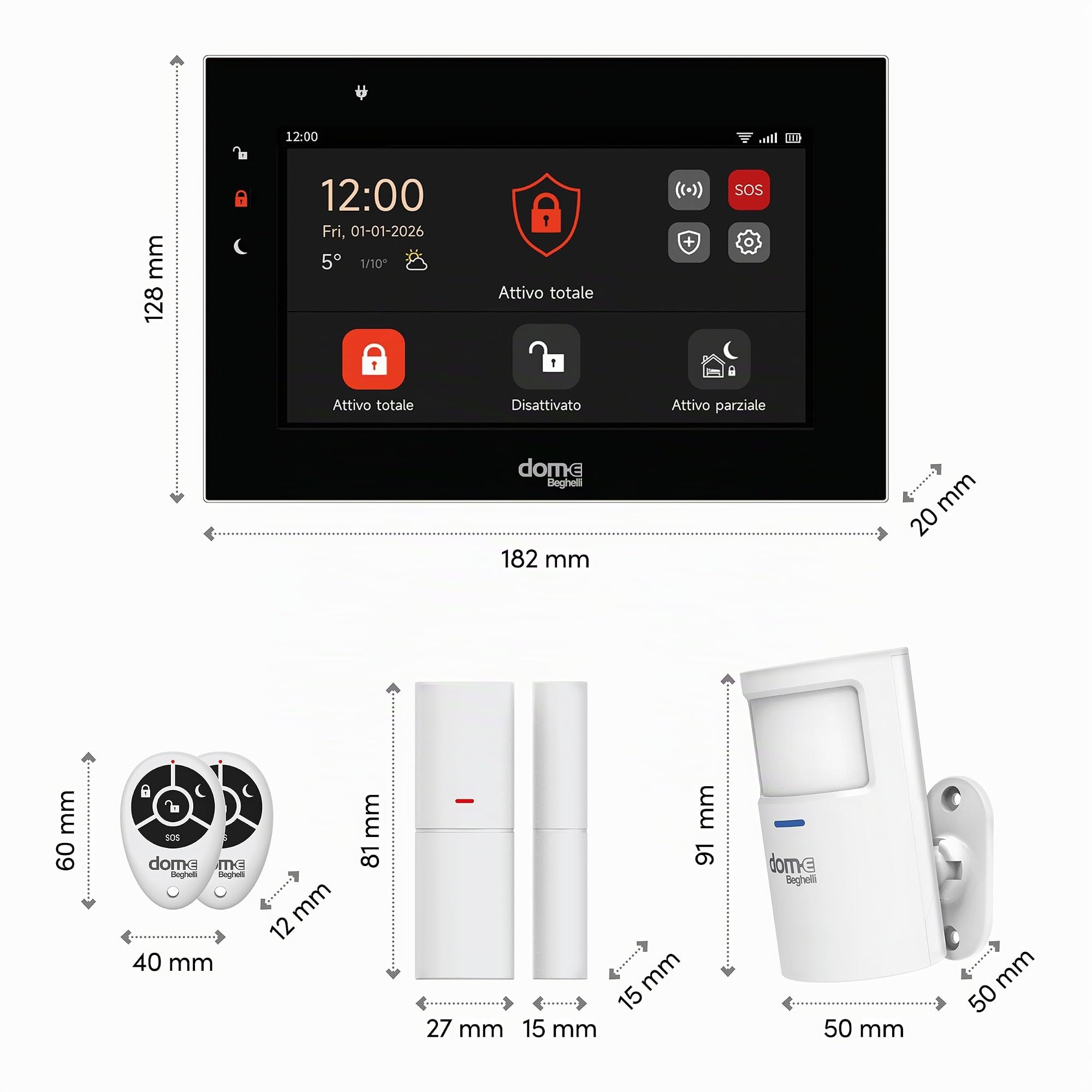 Beghelli - Kit Allarme Dom-e, Sistema Antintrusione Wireless WIFI/GSM 4G LoRa, Senza Fili, Compatibile con Alexa e Google Home, Installazione Senza Cablaggio, Pulsante SOS