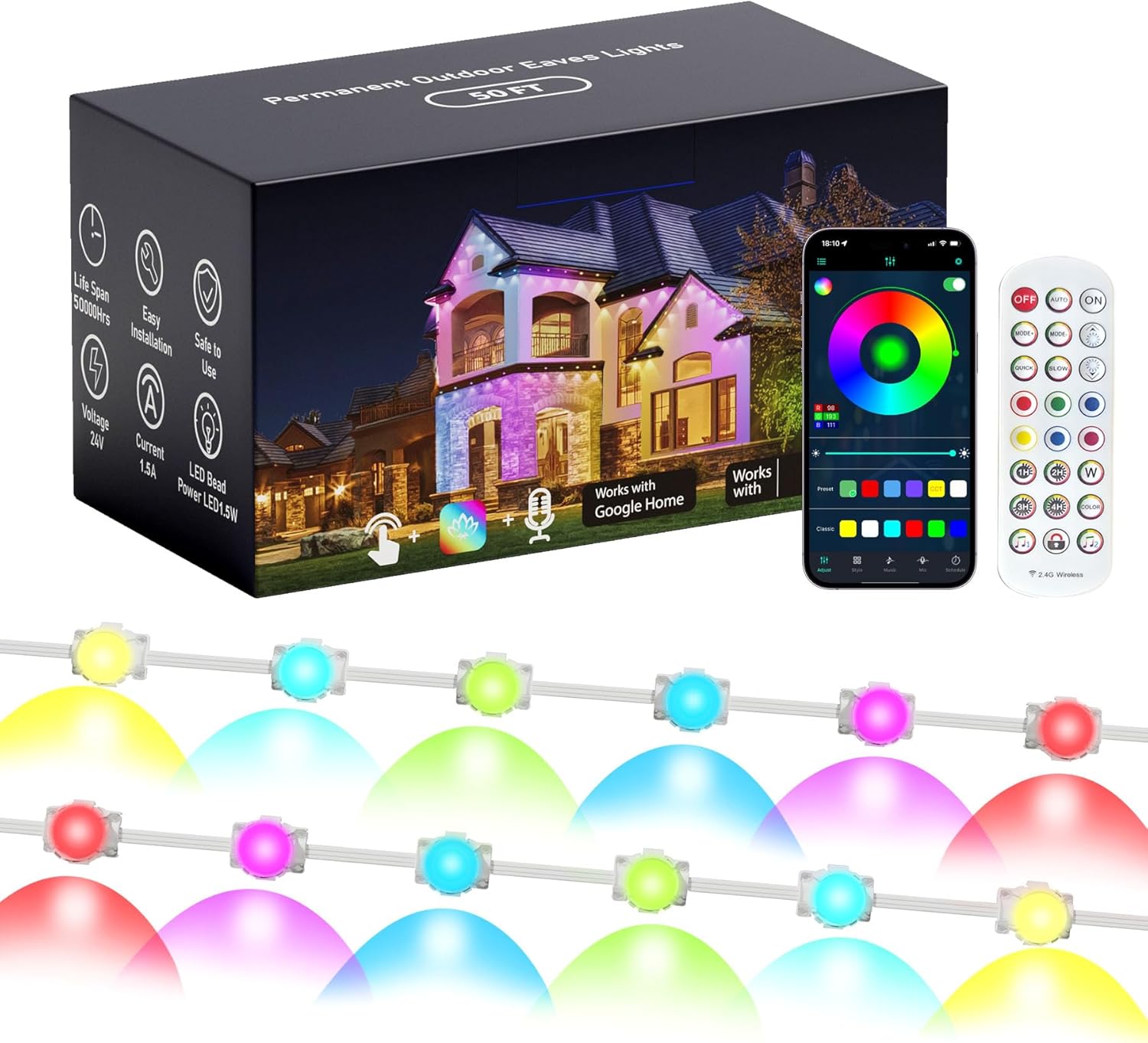 permanent outdoor lights for house, 50ft smart rgb+ic eaves lighting with app & remote control, ip67 waterproof year-round outdoor christmas lights for halloween, parties & holiday