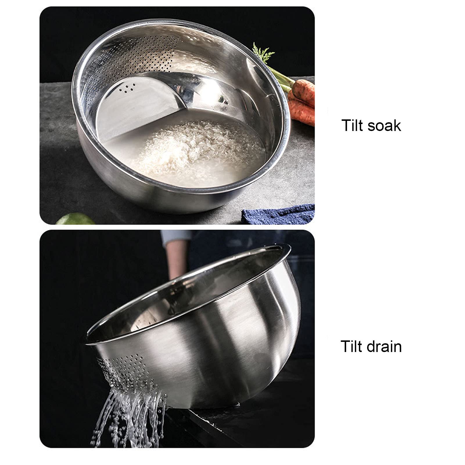 Cuenco para lavar arroz de acero inoxidable, colador multifunción 2 en 1 y colador de cocina con escurridores laterales para lavar verduras, frutas, frijoles, pasta(S)