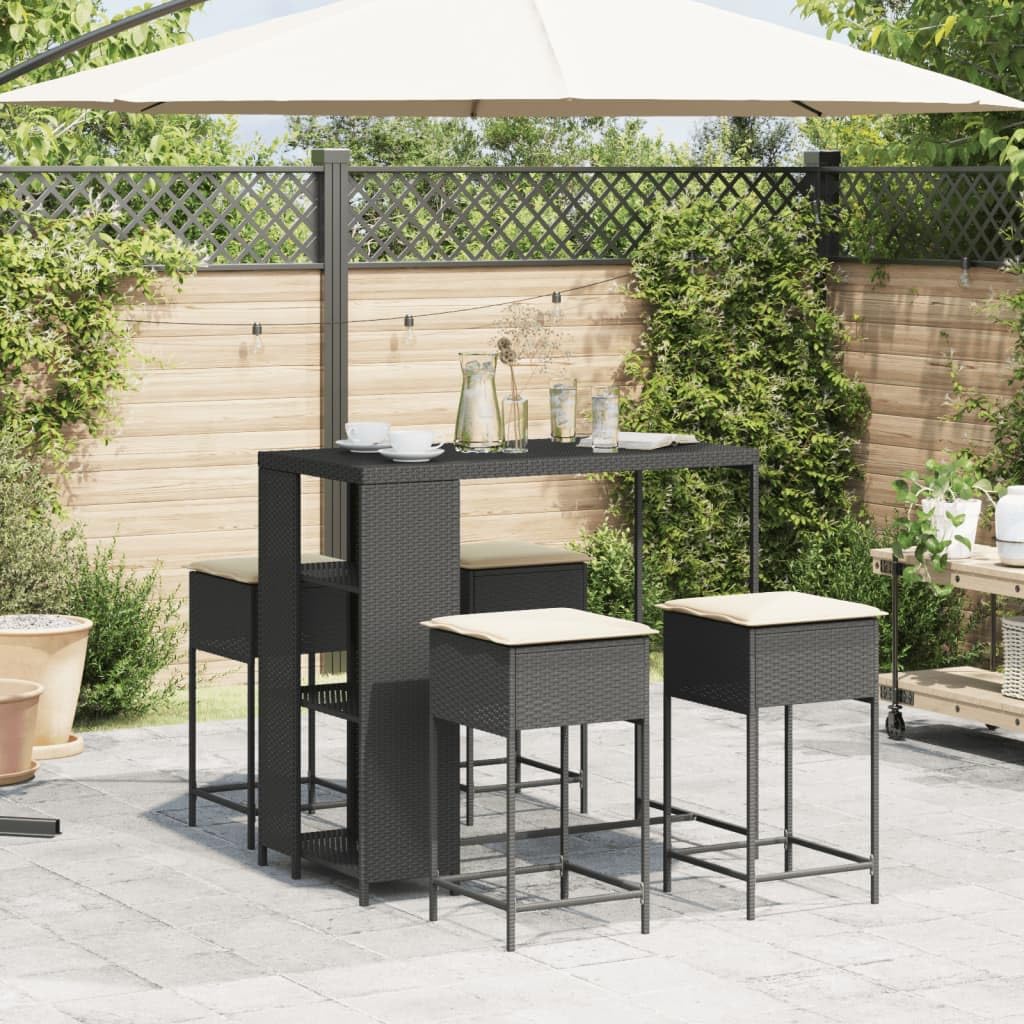 vidaXL Juego de Bar de jardín de 5 Piezas con Cojines ratán PE Negro, Mesa Alta y taburetes de Exterior, Juego de Bar, Juego de Muebles