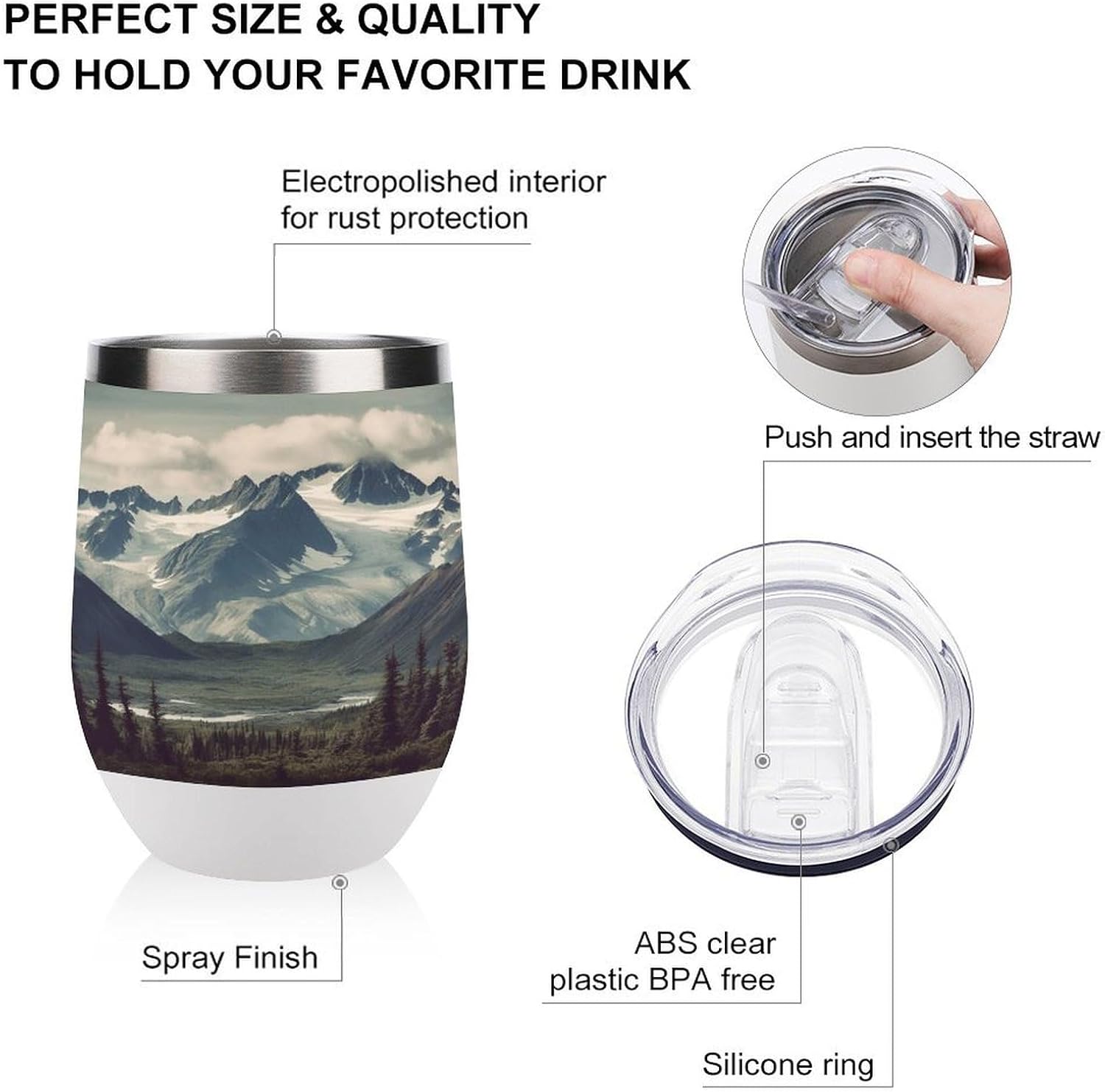 Stainless Steel Insulated Cup Alaska Mountains Printed Stainless Steel Wine Tumblers Double Layer Wine Glass with Lid Travel Coffee Cups for Party Hot Cold Drink