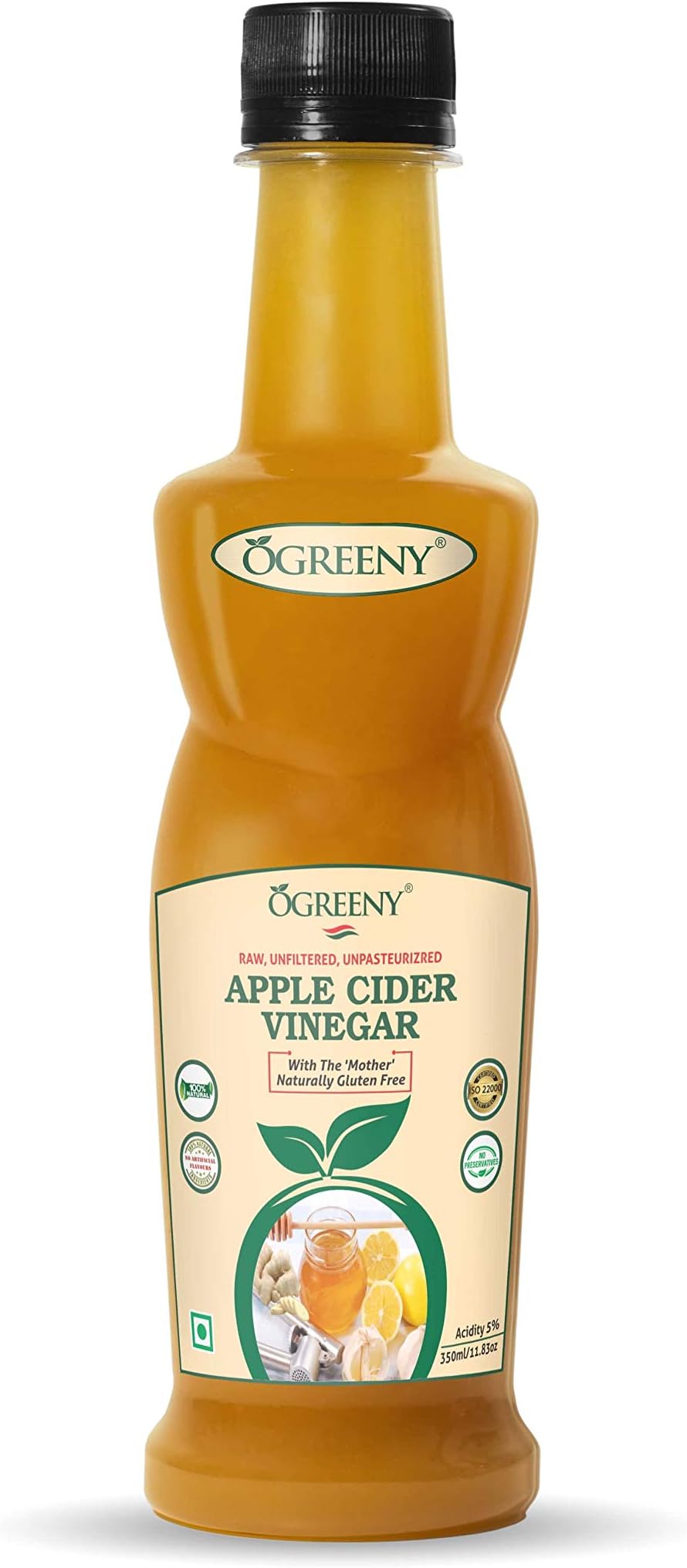 Ogreeny Apple Cider Vinegar With Mother 350 ml Raw Unfiltered and Undiluted (Made With Organic Apples Juice