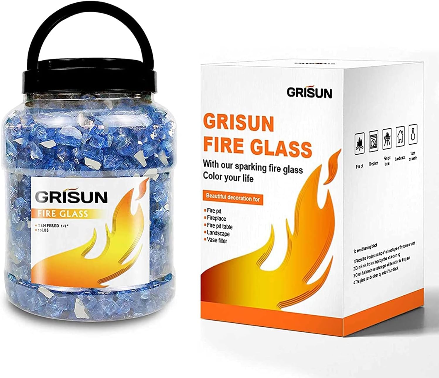 GRISUN 30 Pounds Pacific Ocean Blue Fire Glass for Fire Pit - 1/2 Inch High Luster Reflective Tempered Glass Rocks for Natural or Propane Fireplace, Safe for Outdoors and Indoors Firepit Glass