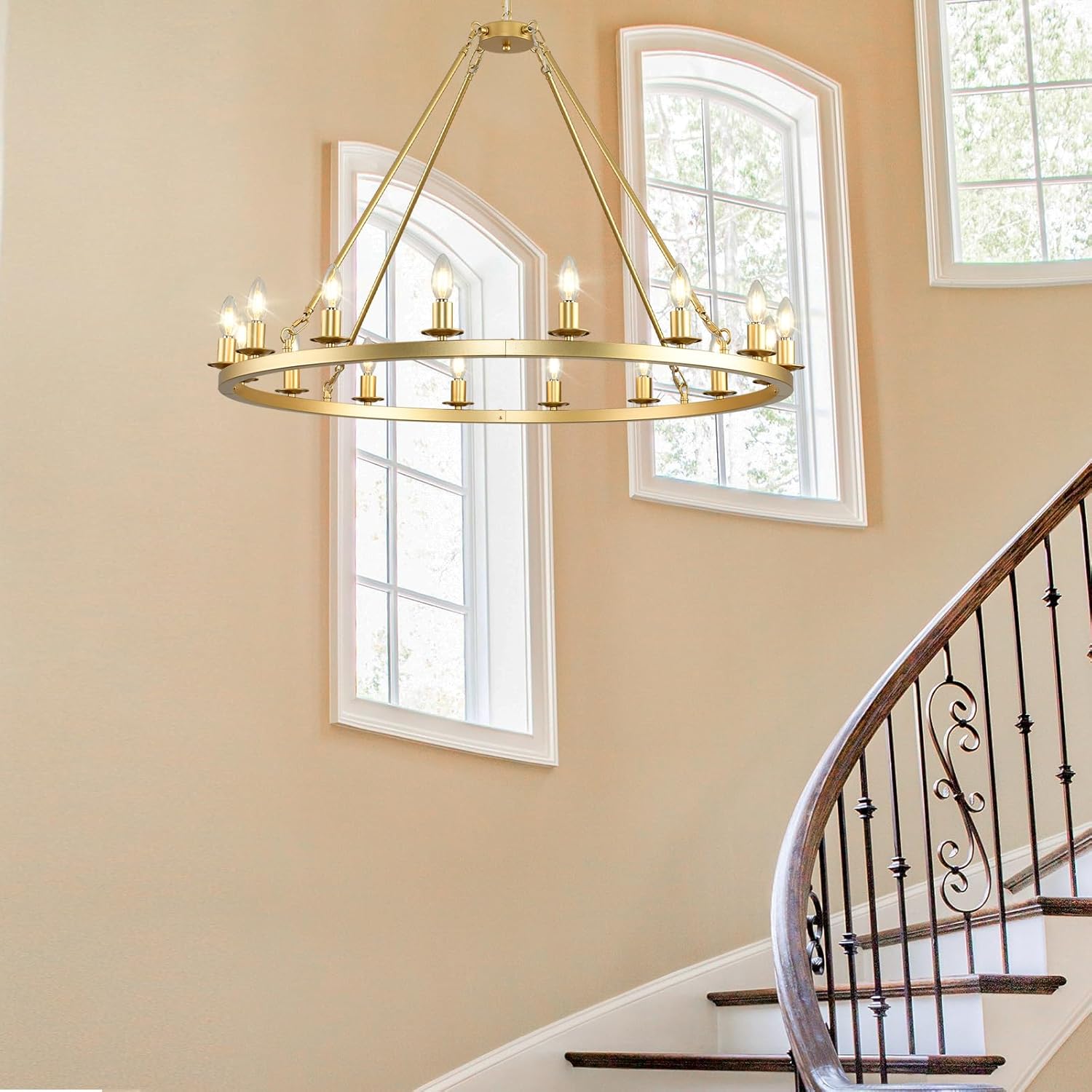 Large Gold Wagon Wheel Chandelier 40-Inch 16-Light,Extra Large Round Rustic Farmhouse Chandelier Metal Circle Chandeliers for Dining Room Living Room High Ceilings