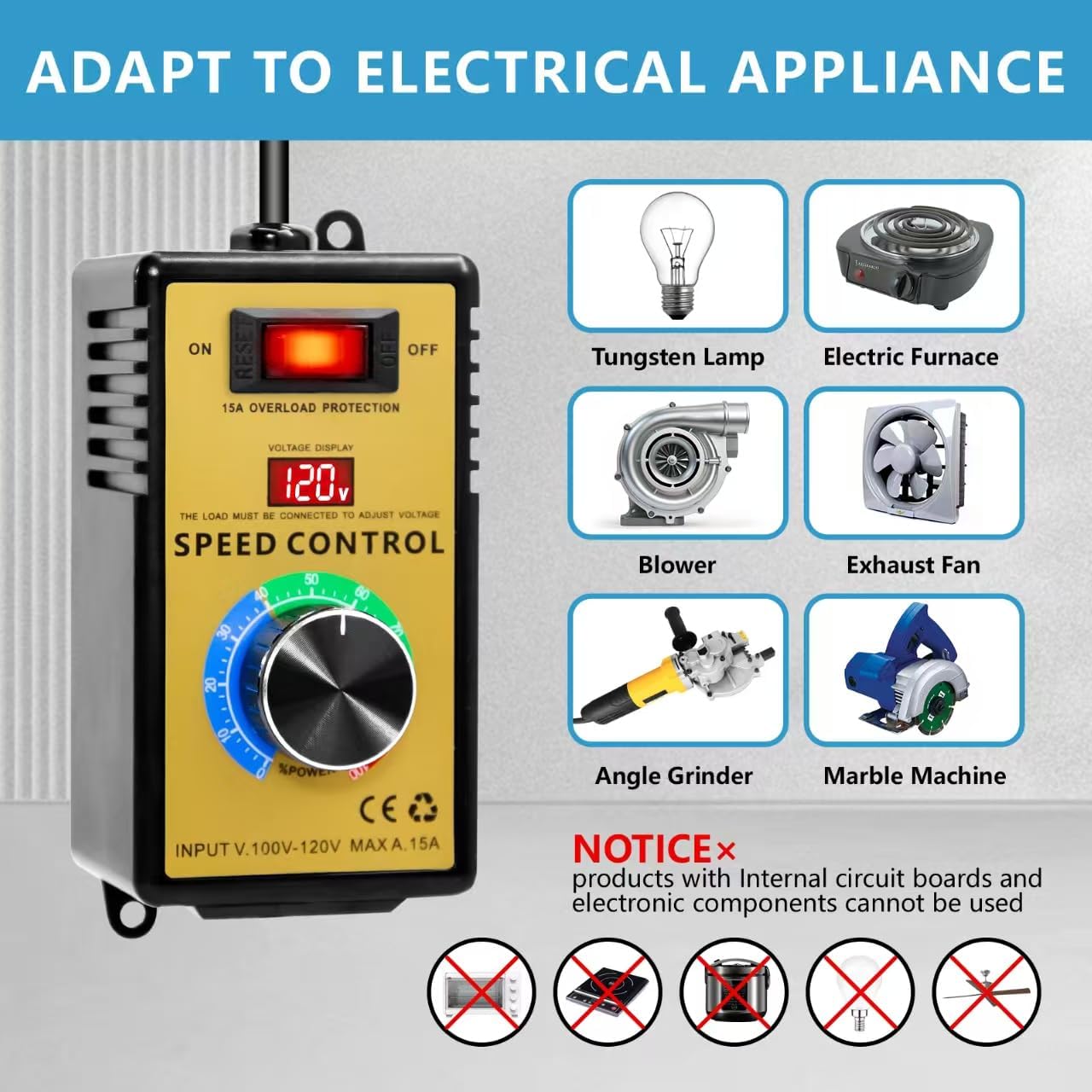 AC Motor Speed Controller 100V-120V 15A Variable Fan Speed Controller Electronic Voltage Regulator with Overload Protection & LED Display,Plug for Fans, LED Light