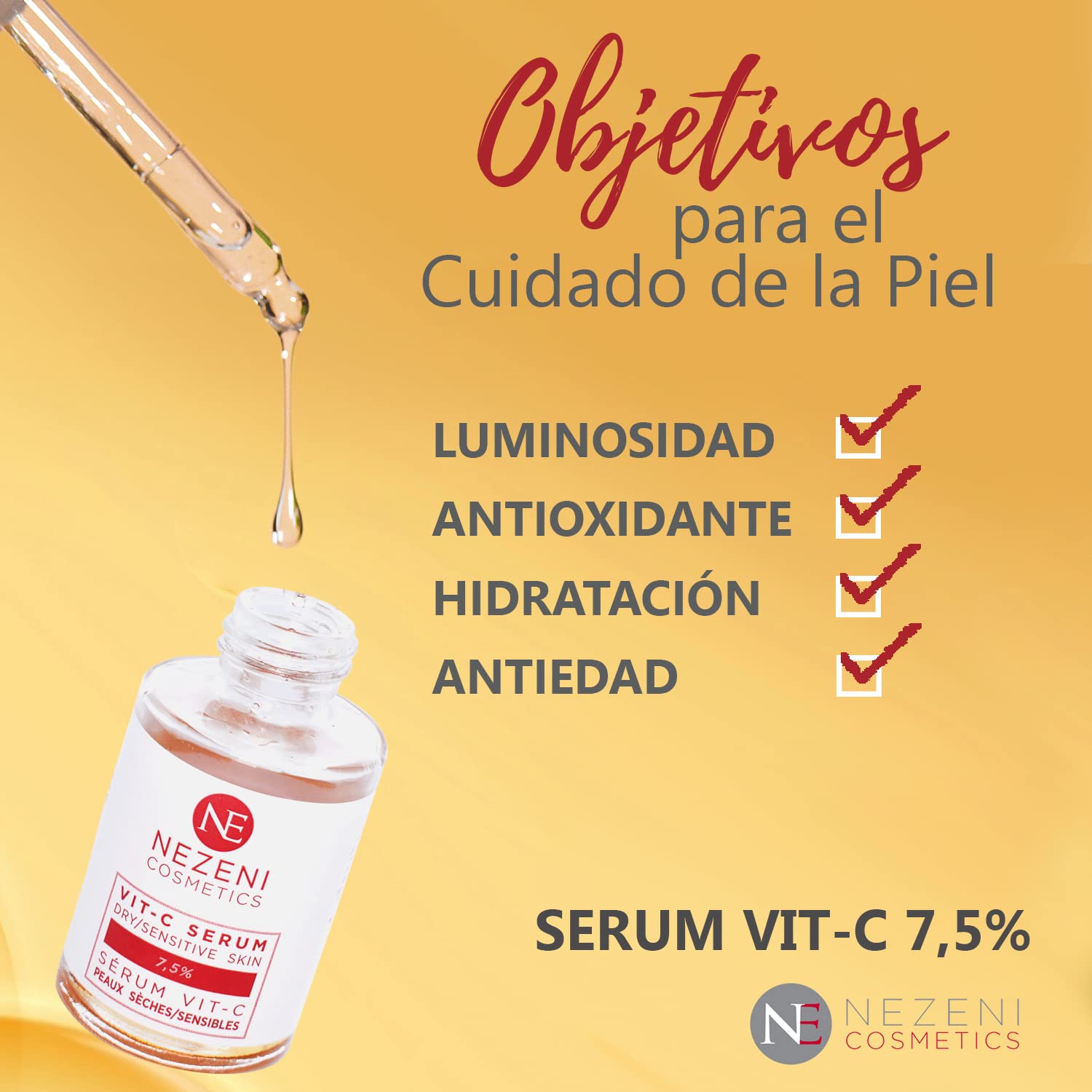 Sérum Facial 7,5% VITAMINA C con Ácido Hialurónico + Niacinamida – 9 principios activos - BAJO CONSERVANTES 2 años caducidad cerrado