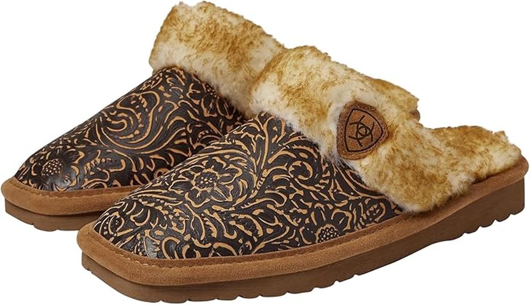 ARIAT Women's Jackie Square Toe Embossed Tooling Warm Soft Comfortable Genuine Full-grain Leather Slippers
