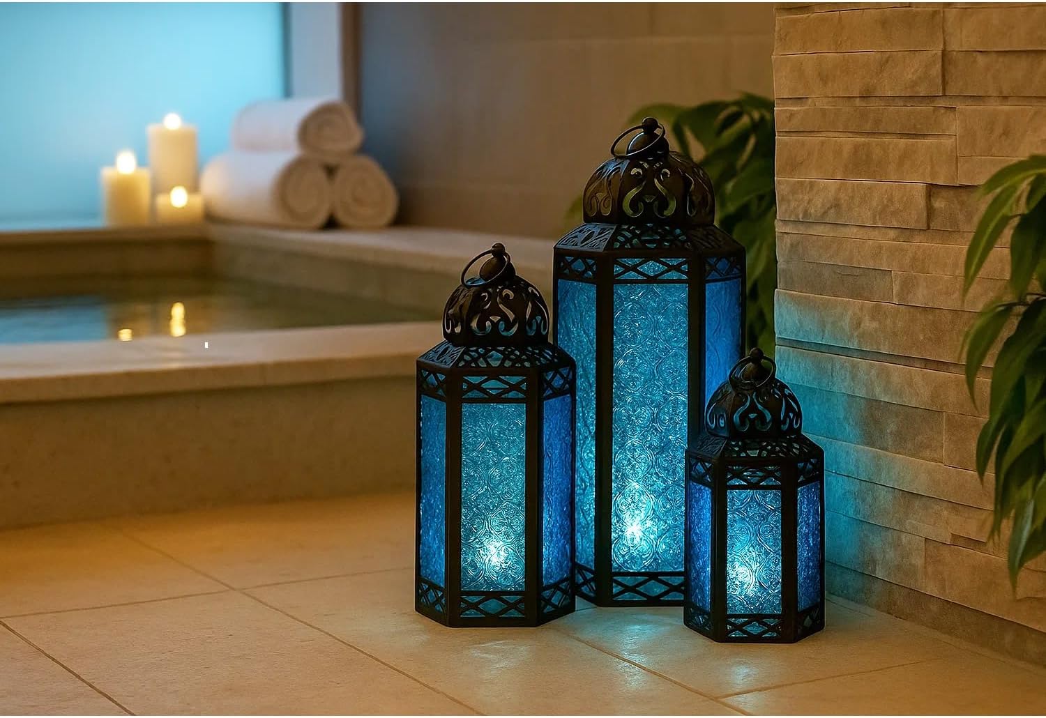 VELA LANTERNS Moroccan Candle Lanterns – Decorative Set of 3, Blue Metal & Glass Candle Holders for Floor, Ramadan Decorations, Indoor Home Decor, Outdoor Patio or Porch, Weddings & Parties