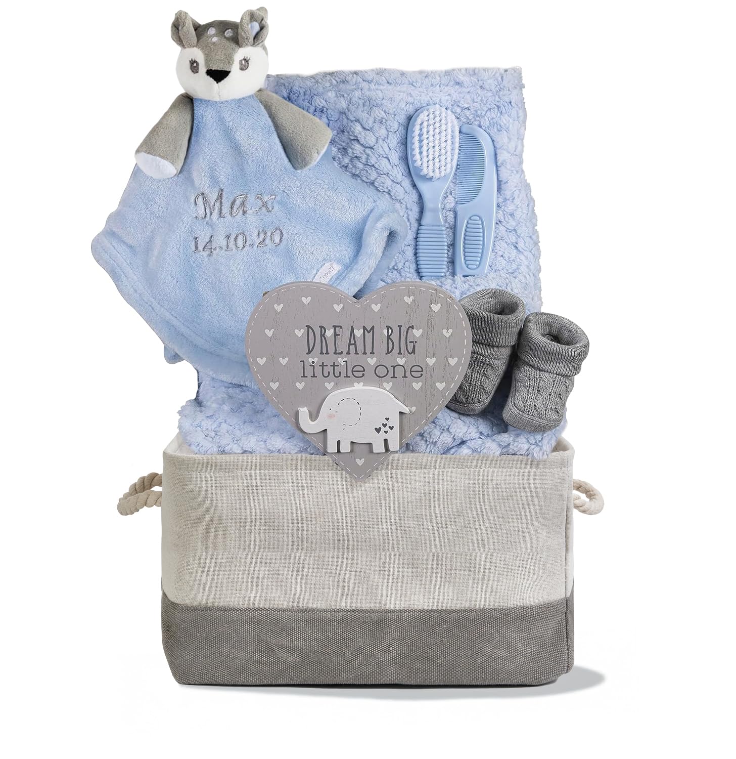 Hoolaroo Personalised Baby Gift Basket for Boys Blue Baby Hamper Newborn Embroidered Deer Comforter Blanket Nappy Caddy Gift Set โ image 1