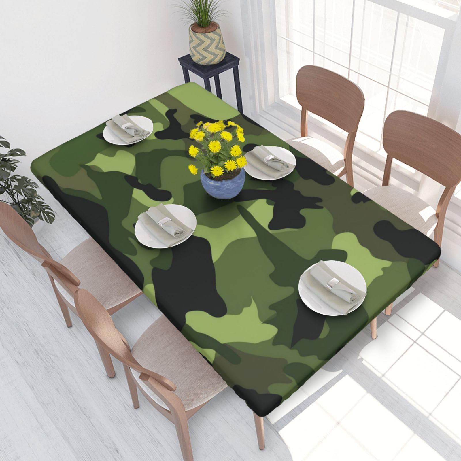 DCARSETCV Camouflage Green Printed 4FT Waterproof Tablecloth with Elastic Edged Protect & Decor Your Table, Oil-proof Washable Table Cloth Cover for Dinner Picnic Party