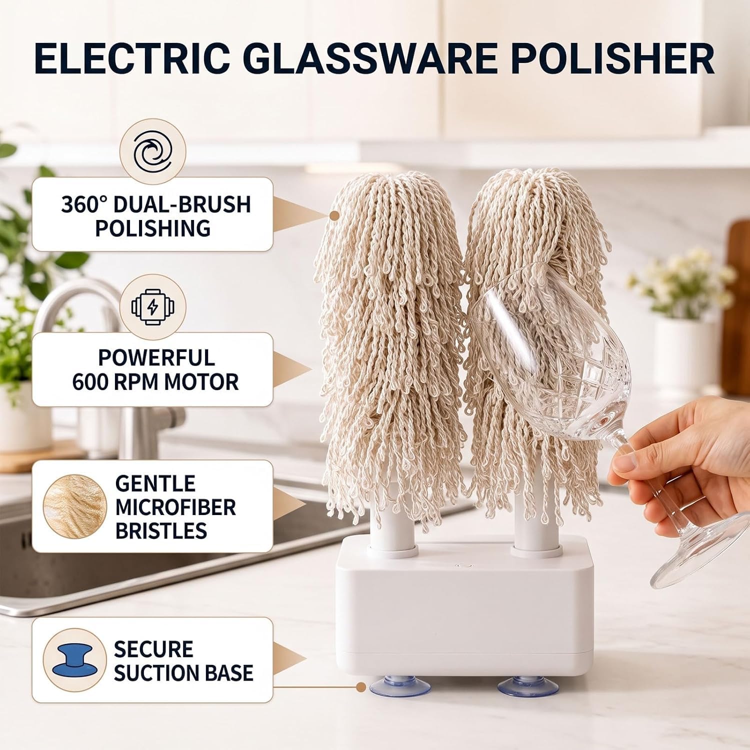Polisseuse À Verre Électrique Pour Usage Domestique, 600 Tr/min, Polisseuse À Double Brosse, Têtes De Brosse En Microfibre, Utilisation Sur Verres Secs Et Humides, Idéale Pour Les Verres À Vin