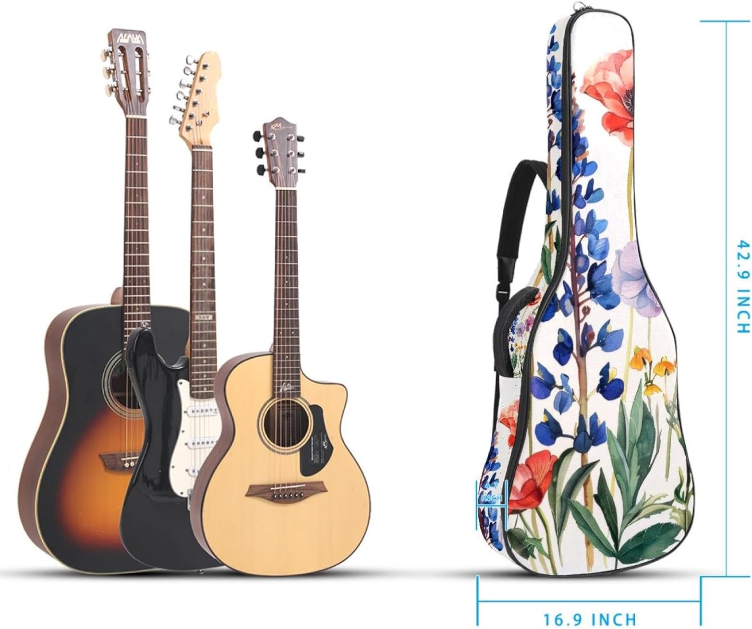 40 41 42 Inch Guitar Bags, Waterproof Padded Acoustic Guitar Case Backpack with Adjustable Shoulder Strap & Pockets, Aesthetic Watercolor Various Flowers