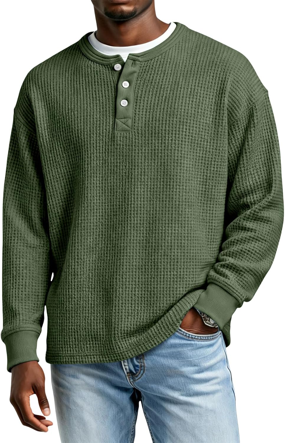 eoeioa Waffle Henley Shirts for Men Big and Tall Long Sleeve Workout Shirt Plus Size Lightweight Quarter Button Plain Shirts