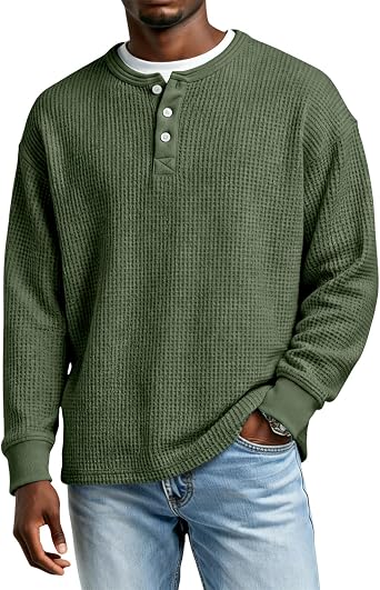Mens Pullover Sweatshirt Button Down Long Sleeve Casual Tops Fashion Fit Gym Comfy Henry Waffle Shirts Outdoor