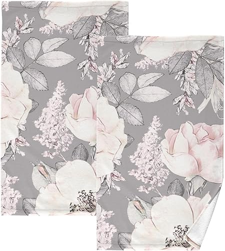 2 toallas de cocina de otoño, toallas de mano para baño, paños de cocina y paños de lavado, altamente absorbentes, 28 x 16 pulgadas (flores grises)