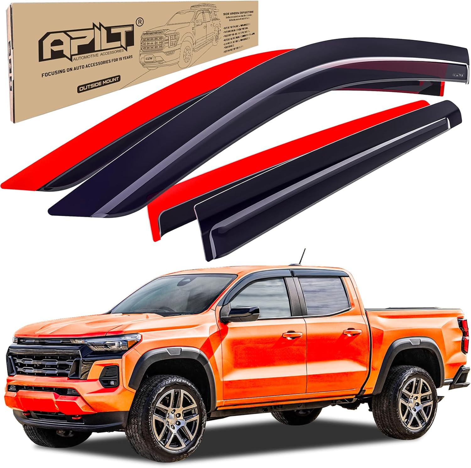 Outside-Mount Rain Guards Window Visors for 2023-2026 Chevrolet Colorado Crew Cab & GMC Canyon Crew Cab Wind Vent Deflector Truck Accessories Dark Smoke 4-Piece Set with Thicker