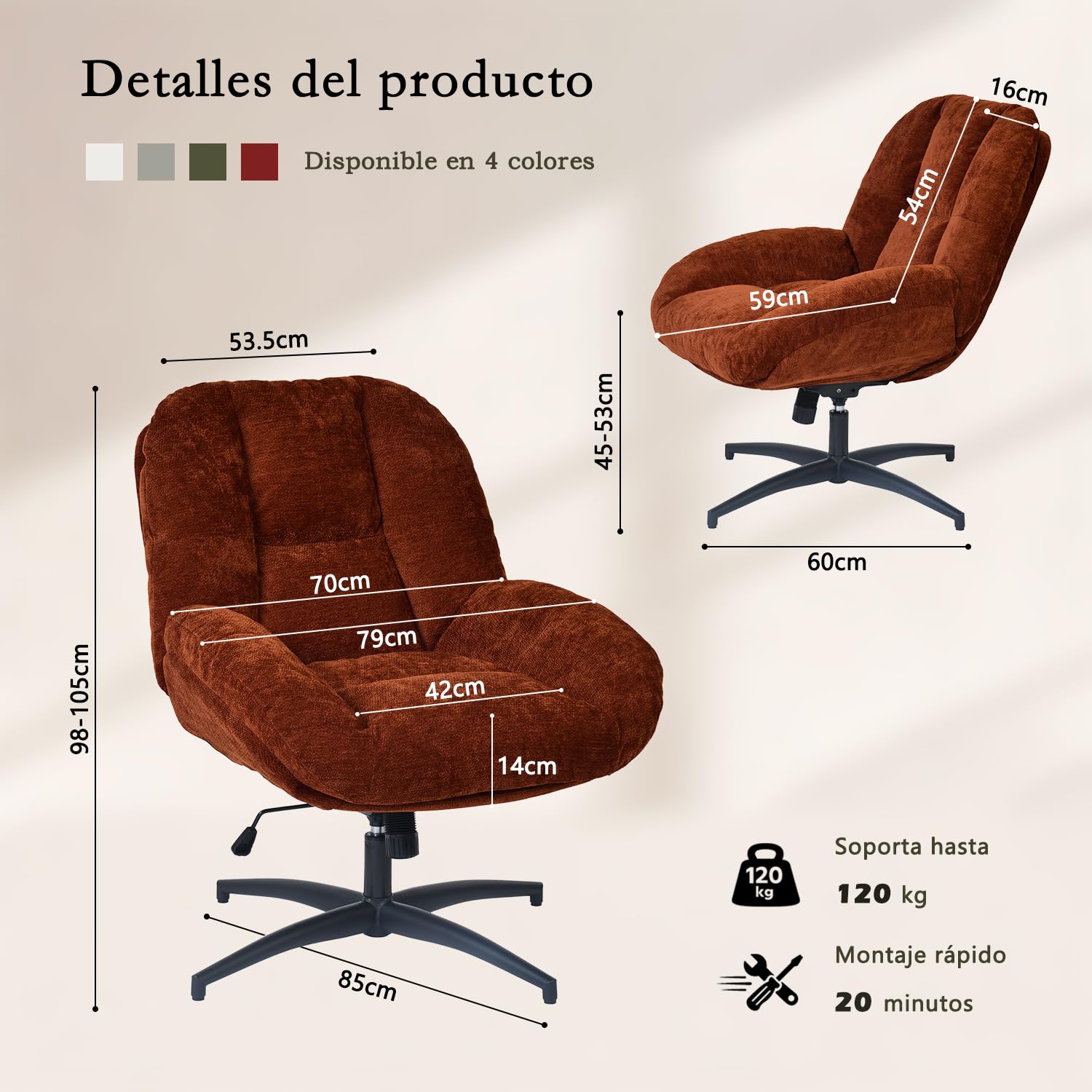 MEUBLE Cosy Sillón Giratoria Butaca de Salón con Altura Ajustable Función de Inclinación, Silla Lectura con Tapizado en Tela de Chenilla, Rojo