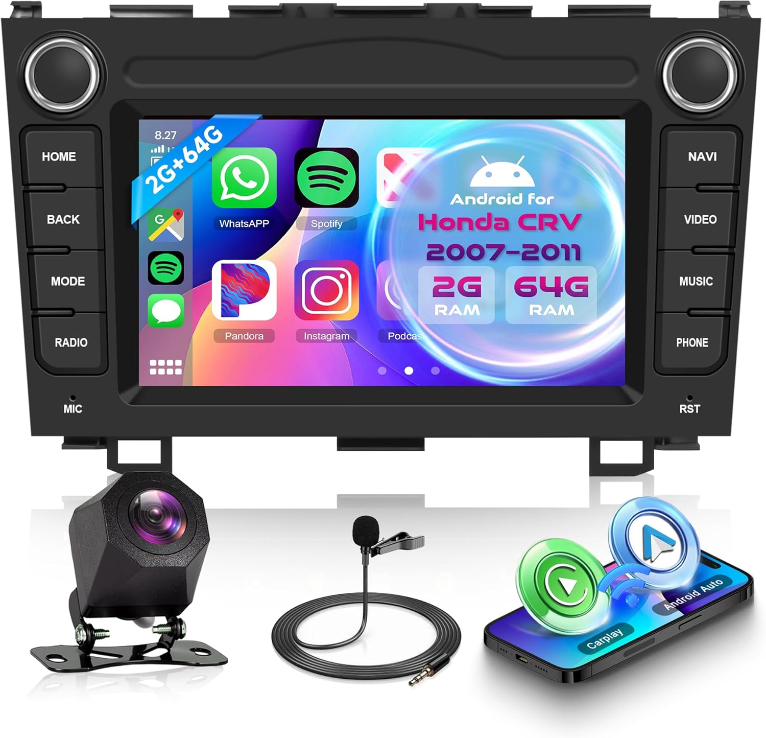 2G+64G Android Car Radio for Honda CRV 2007-2011 with Wireless CarPlay Android Auto, 7” Touchscreen Car Stereo Mirror Link GPS Navigation WiFi Bluetooth FM RDS EQ SWC Backup Camera